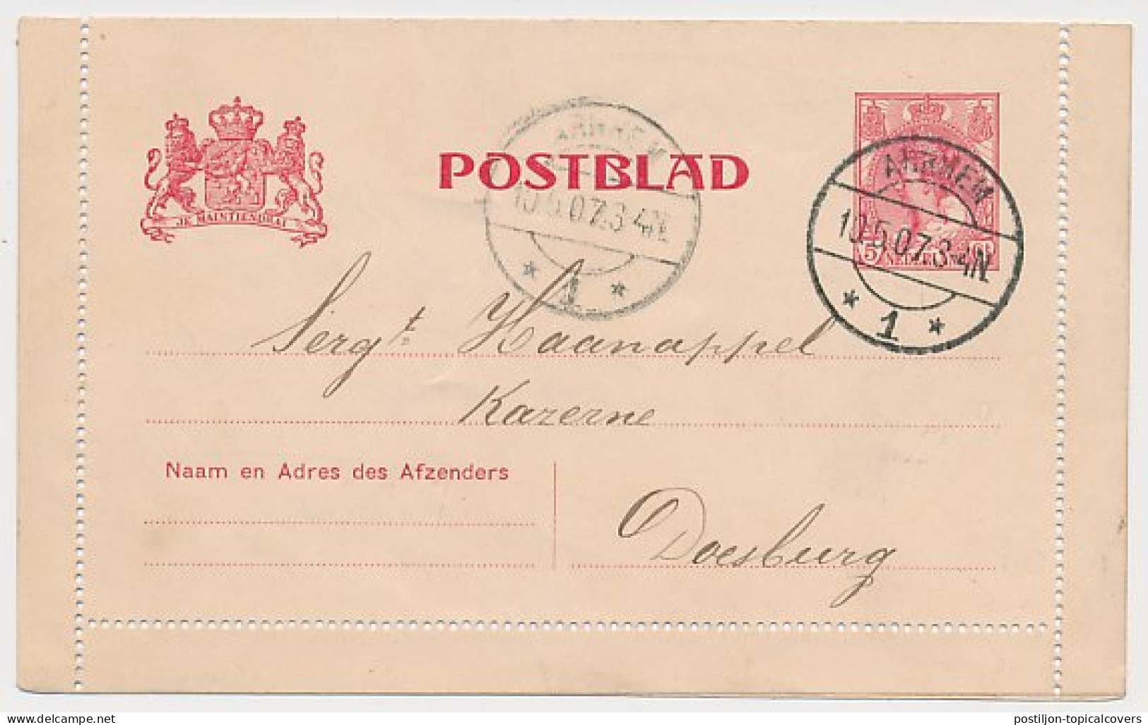 Postblad G. 10 Arnhem - Doesburg 1907 - Ganzsachen