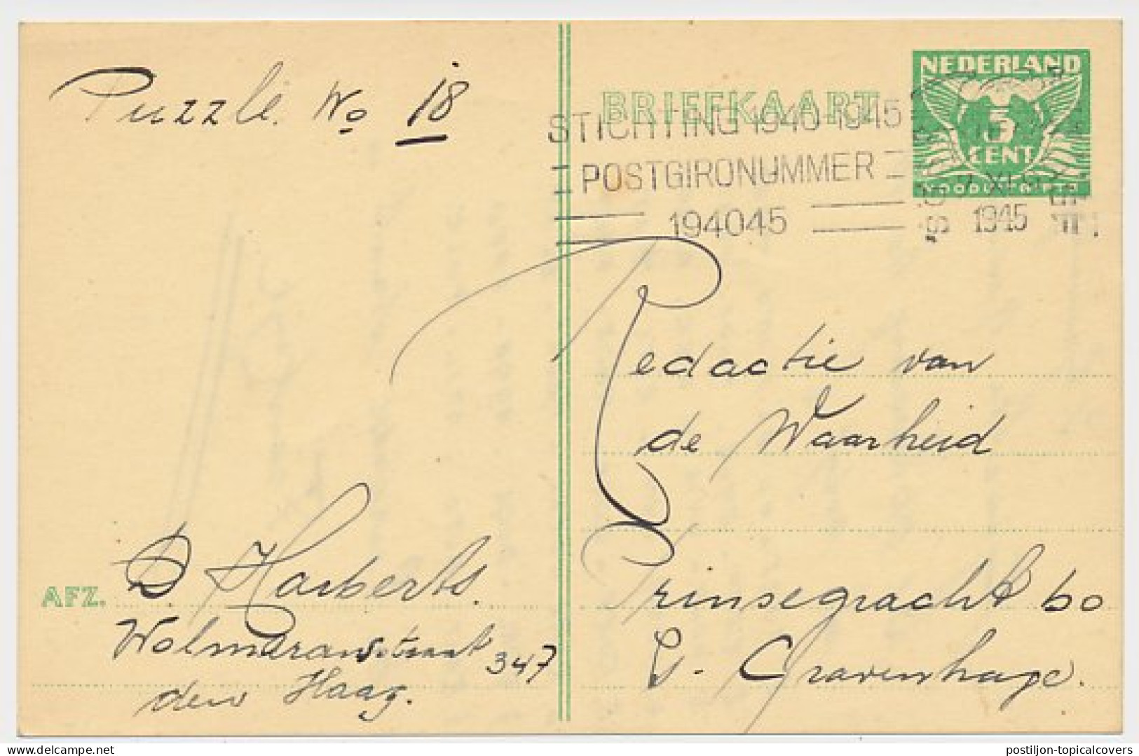 Briefkaart G. 277 A Locaal Te Den Haag 1945 - Ganzsachen