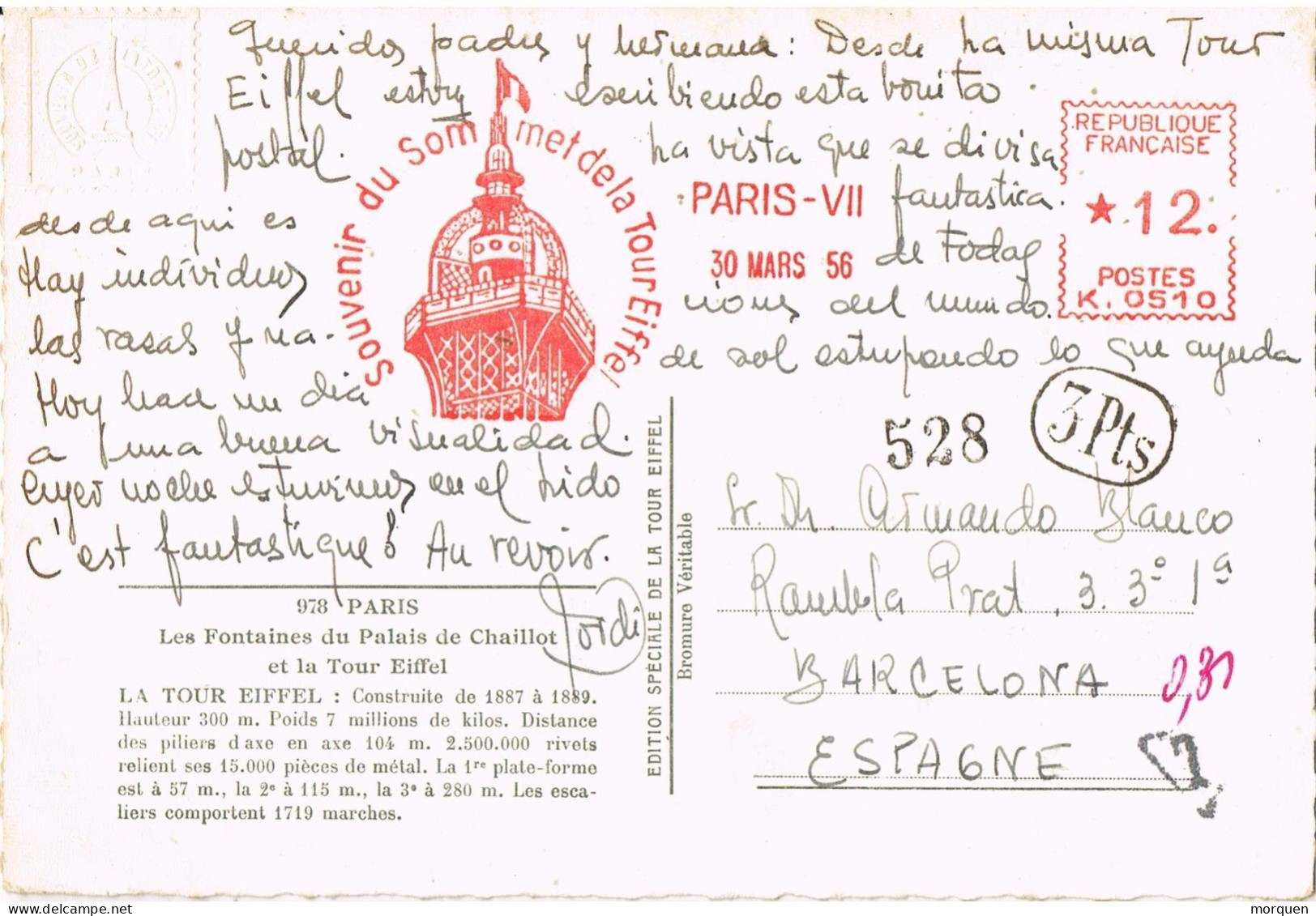 53976. Postal PARIS (France) 1956. Franqueo Mecanico. TOUR EIFFEL, Taxe, Tasada A Barcelona - Briefe U. Dokumente