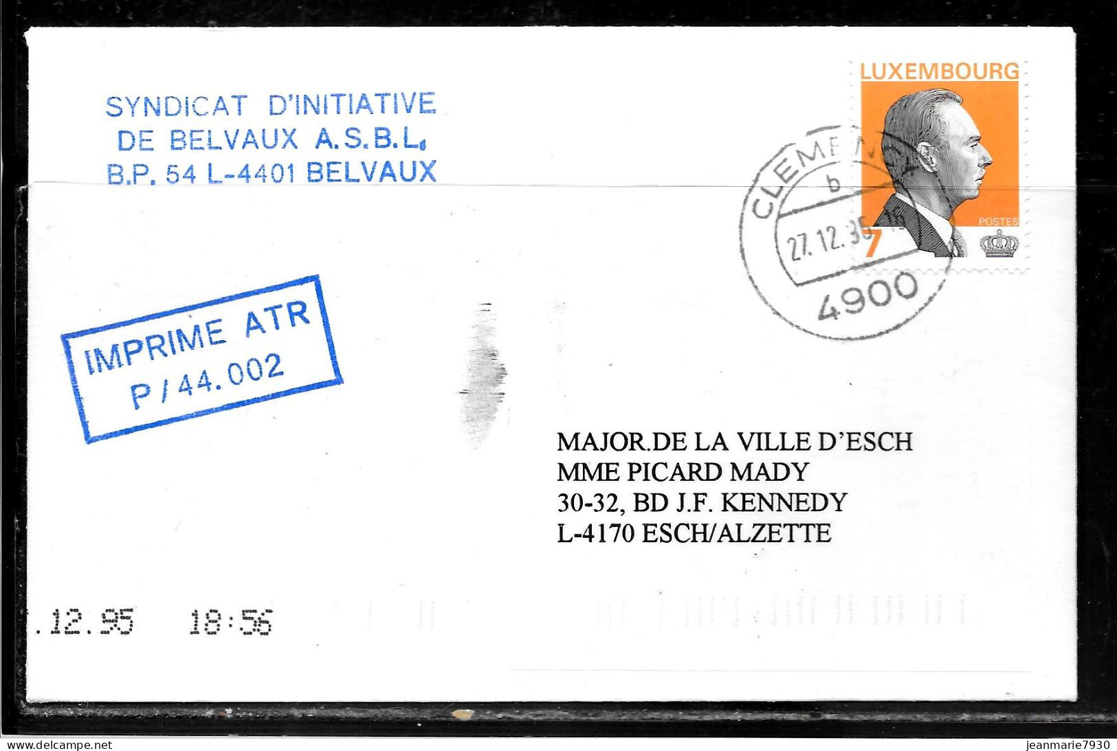 H392 - LETTRE DE CLEMENCY DU 22/12/95 - IMPRIME - SYNDICAT D'INITIATIVE DE BELVAUX - Storia Postale