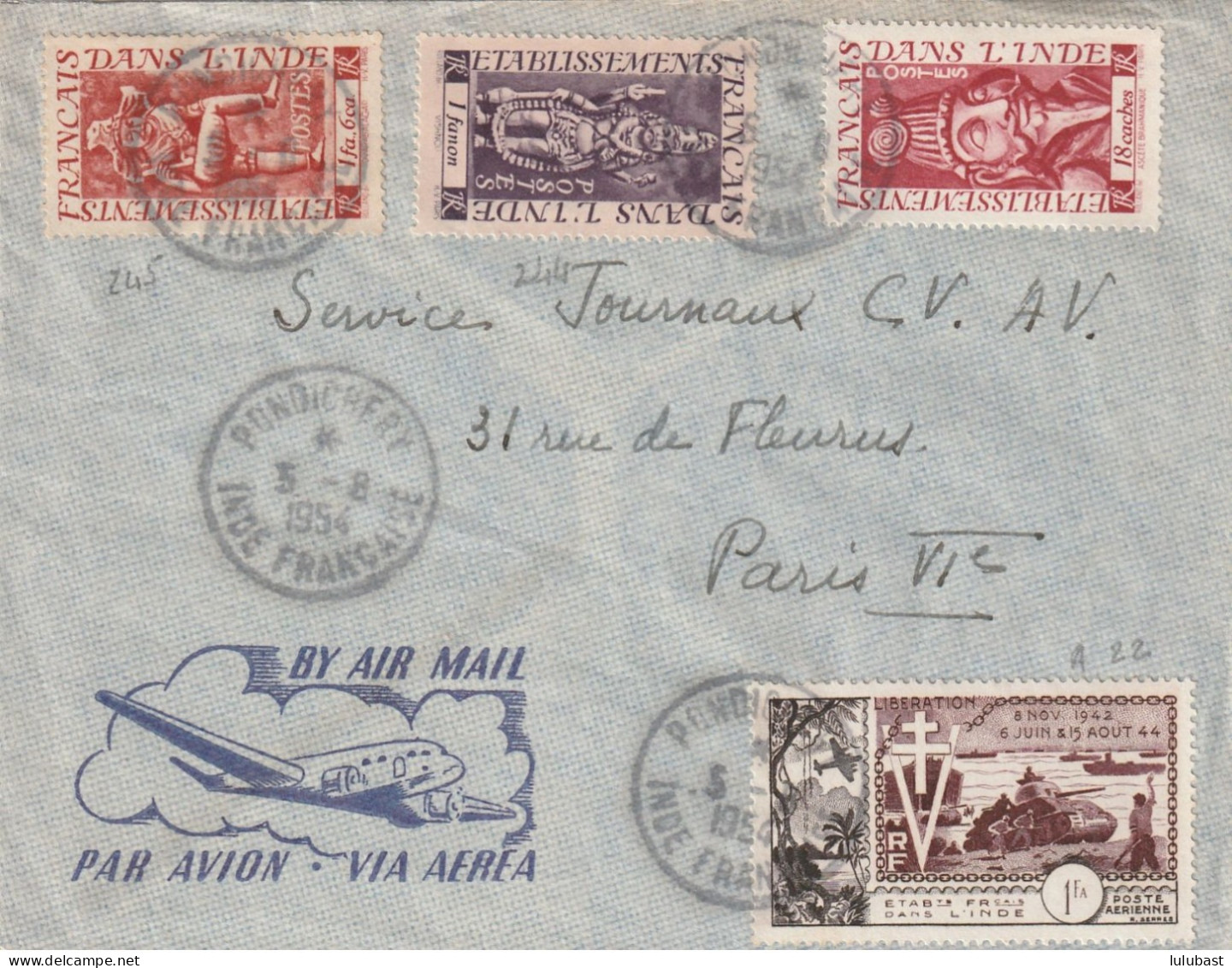 Lettre "Par Avion" De PONDICHERY - Superbe Afft Avec N° 244 + 245x2 + A.22. Pour Paris. - Cartas & Documentos