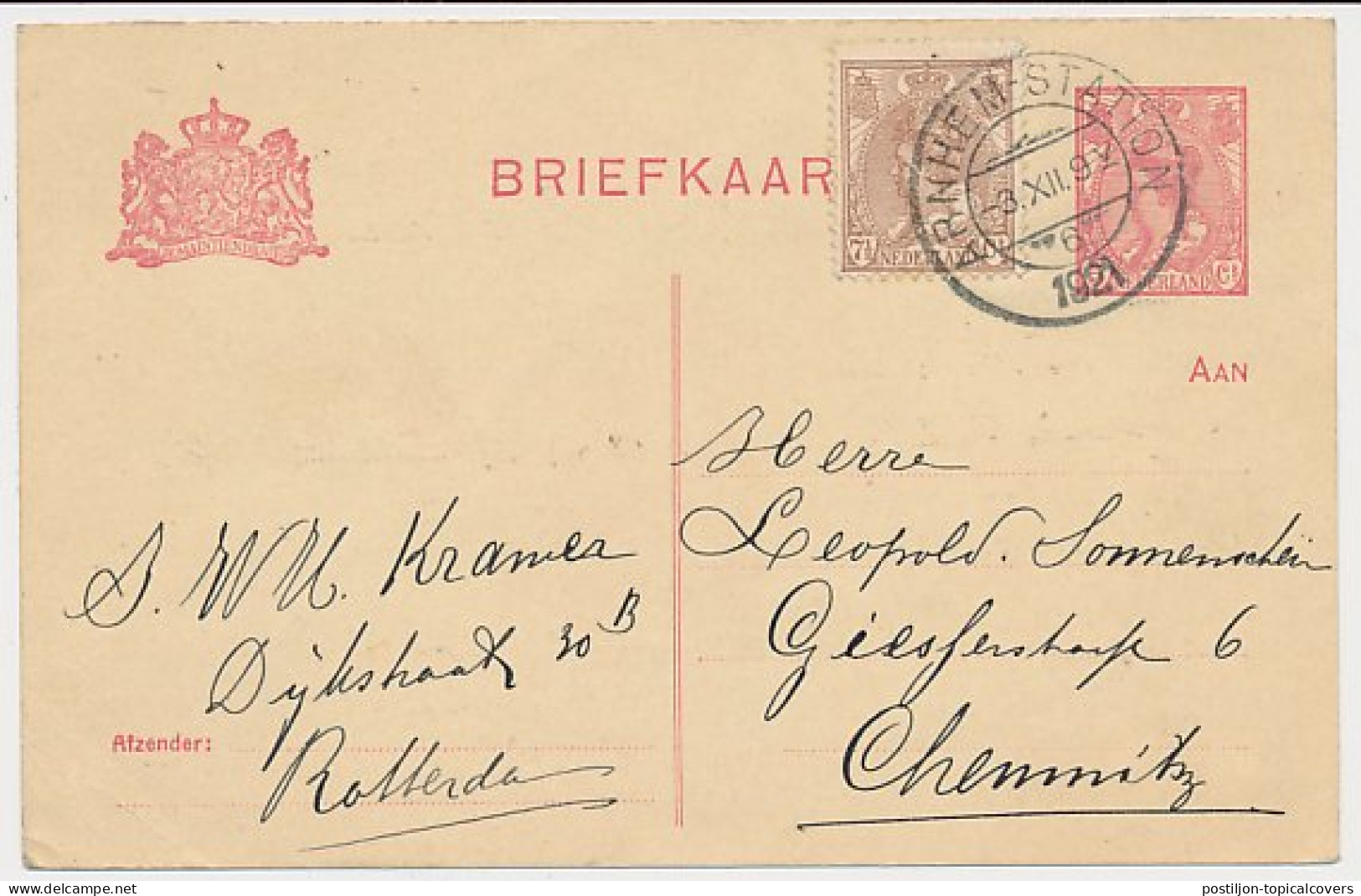 Briefkaart G. 103 I / Bijfrankering Arnhem - Duitsland 1921 - Ganzsachen