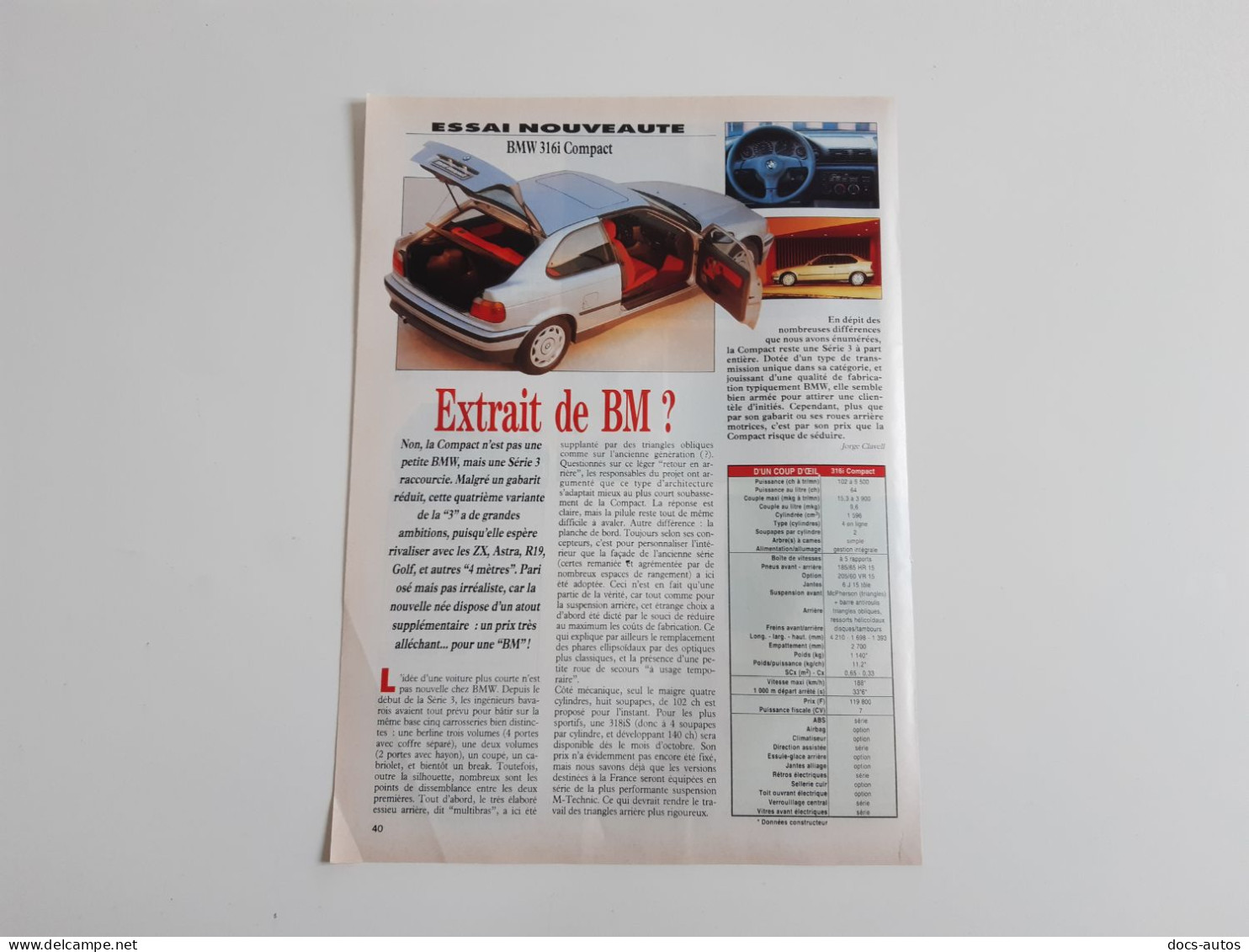 Coupure De Presse Automobile BMW 316i Compact - Voitures