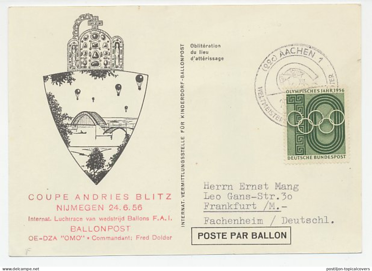 Postcard / Postmark Germany 1956 Balloon Race Coupe Andries Blitz - Nijmgen - Aachen - Flugzeuge