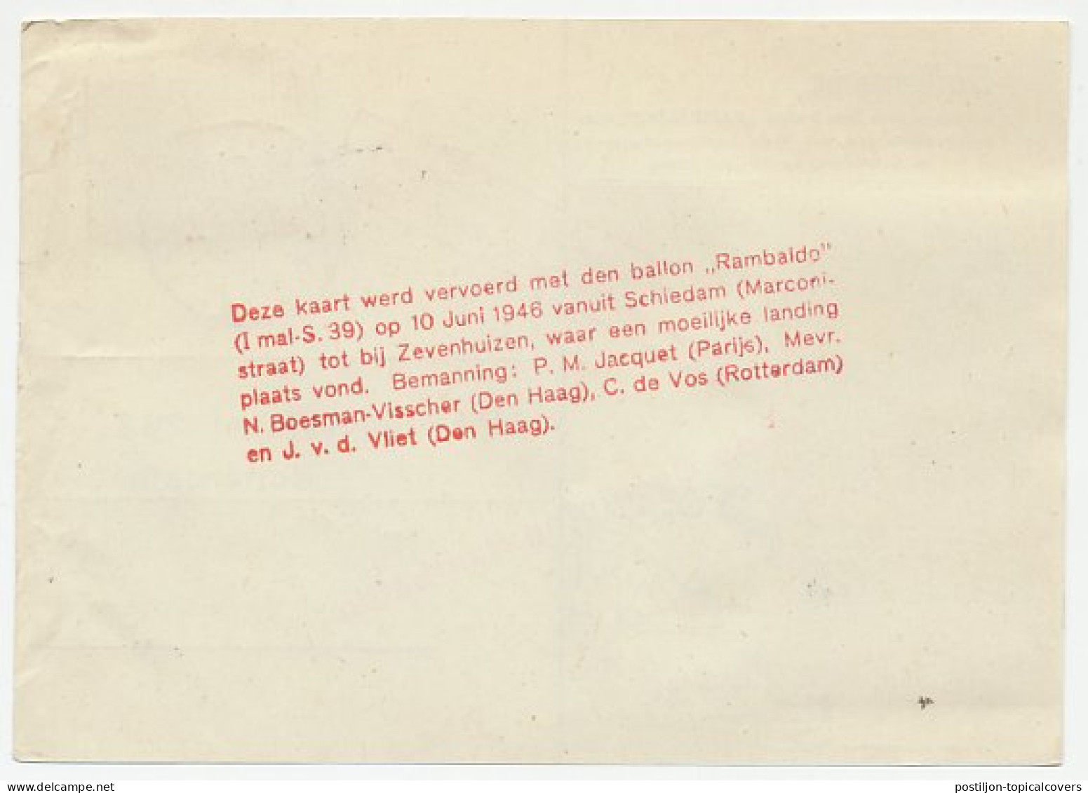 Ballonpost Rambaldo Schiedam 1946 - Beschadigd Landing Zevenhuizen - Unclassified