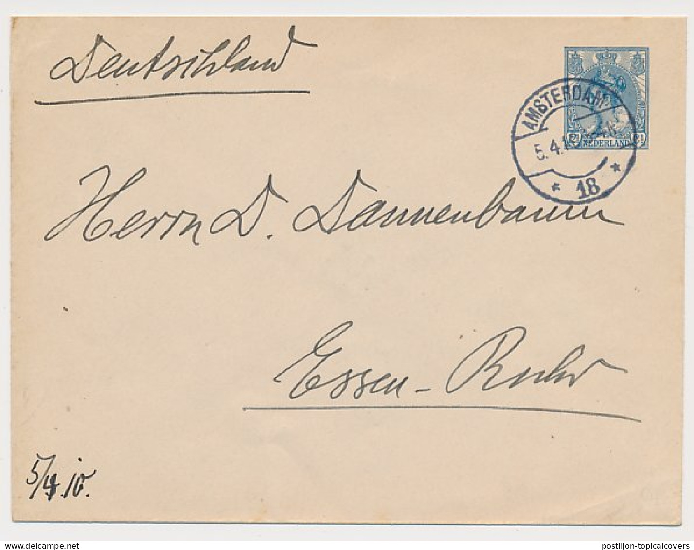 Envelop G. 15 Amsterdam - Duitsland 1910 V.b.d. - Ganzsachen