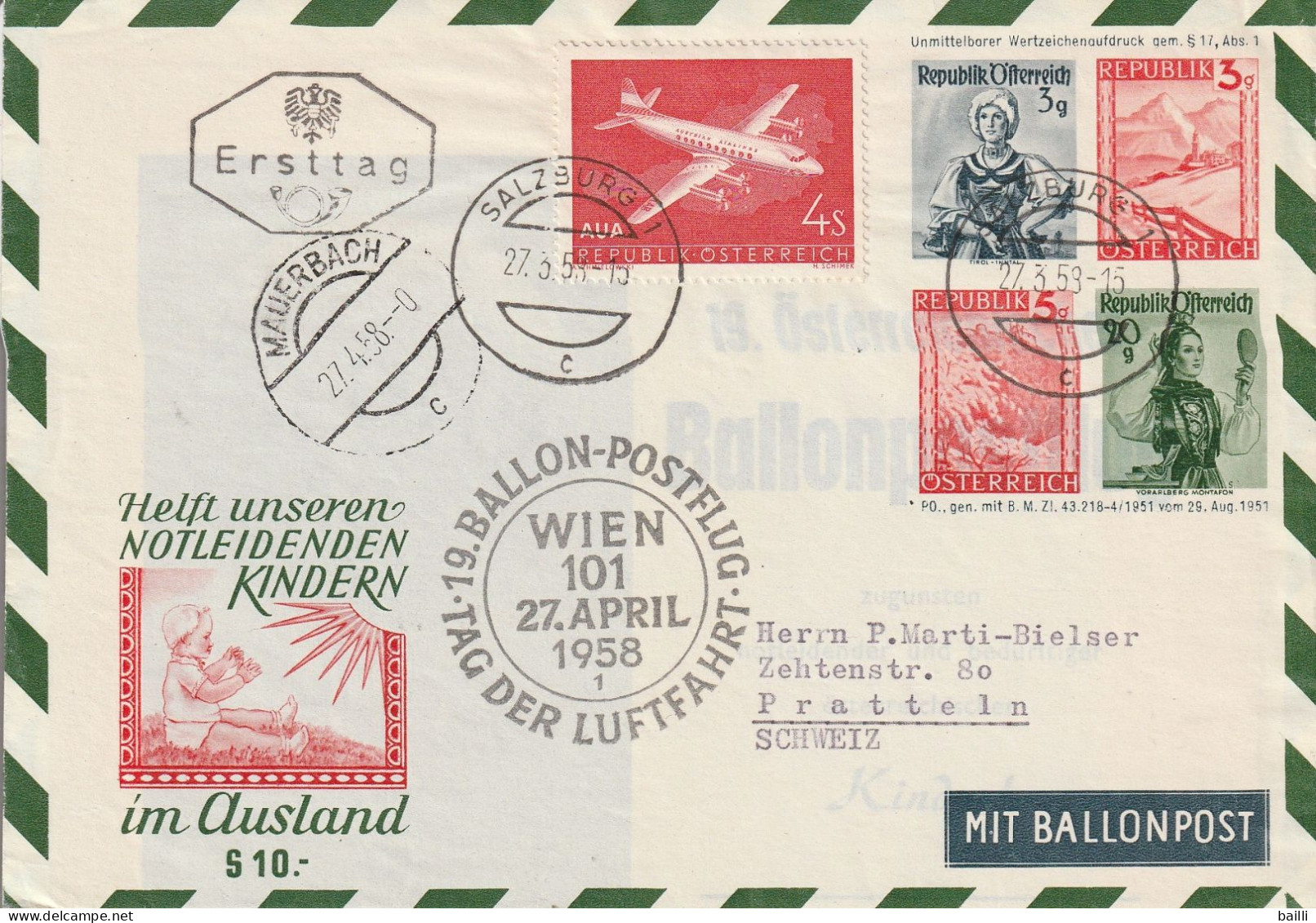 Autriche Entier Postal Illustré Poste Par Ballon Salzburg Pour La Suisse 1958 - Sobres