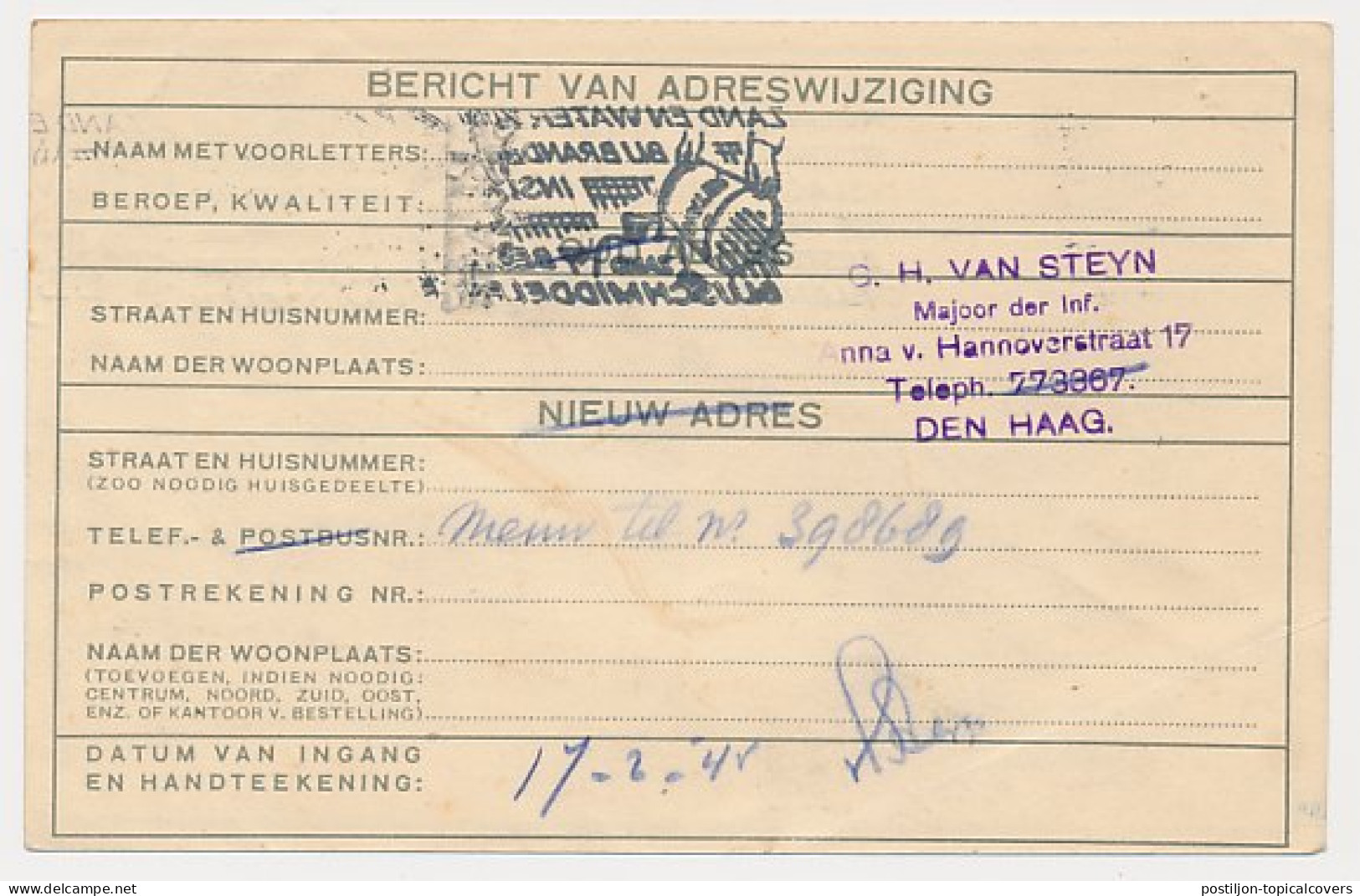 Verhuiskaart G. 13 - Nieuw Telefoonnummer - Den Haag 1945 - Ganzsachen