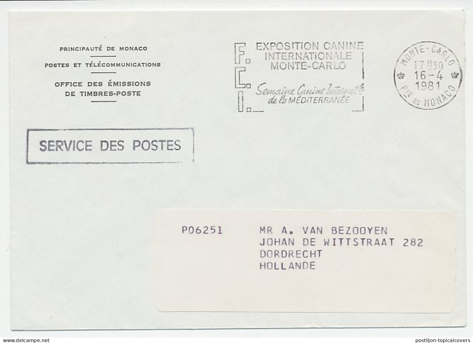 Service Cover / Postmark Monaco 1981 International Dog Show Monte Carlo - Autres & Non Classés