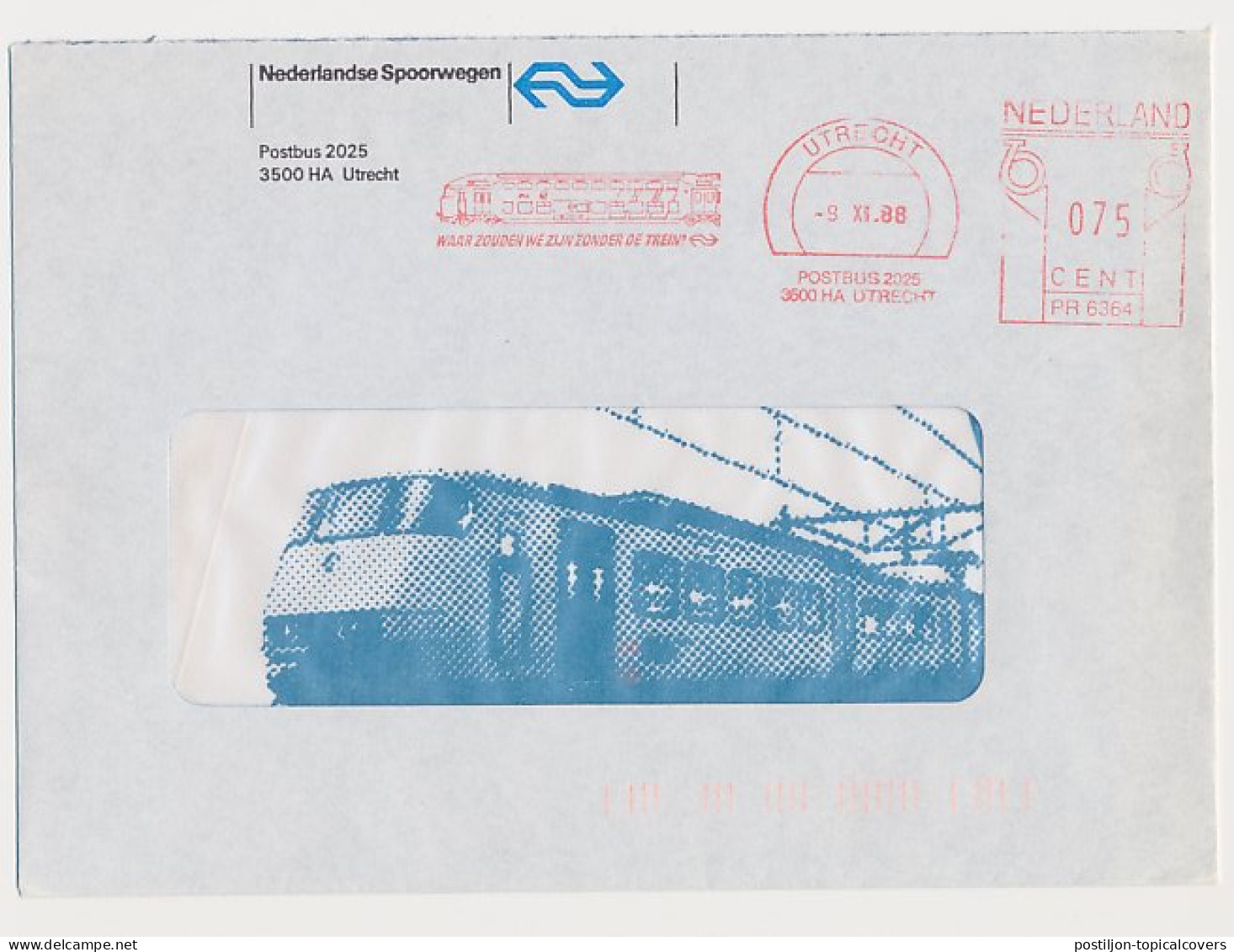 Illustrated Meter Cover Netherlands 1988 - Postalia 6364 NS - Dutch Railways - Where Would We Be Without The Train - Treinen