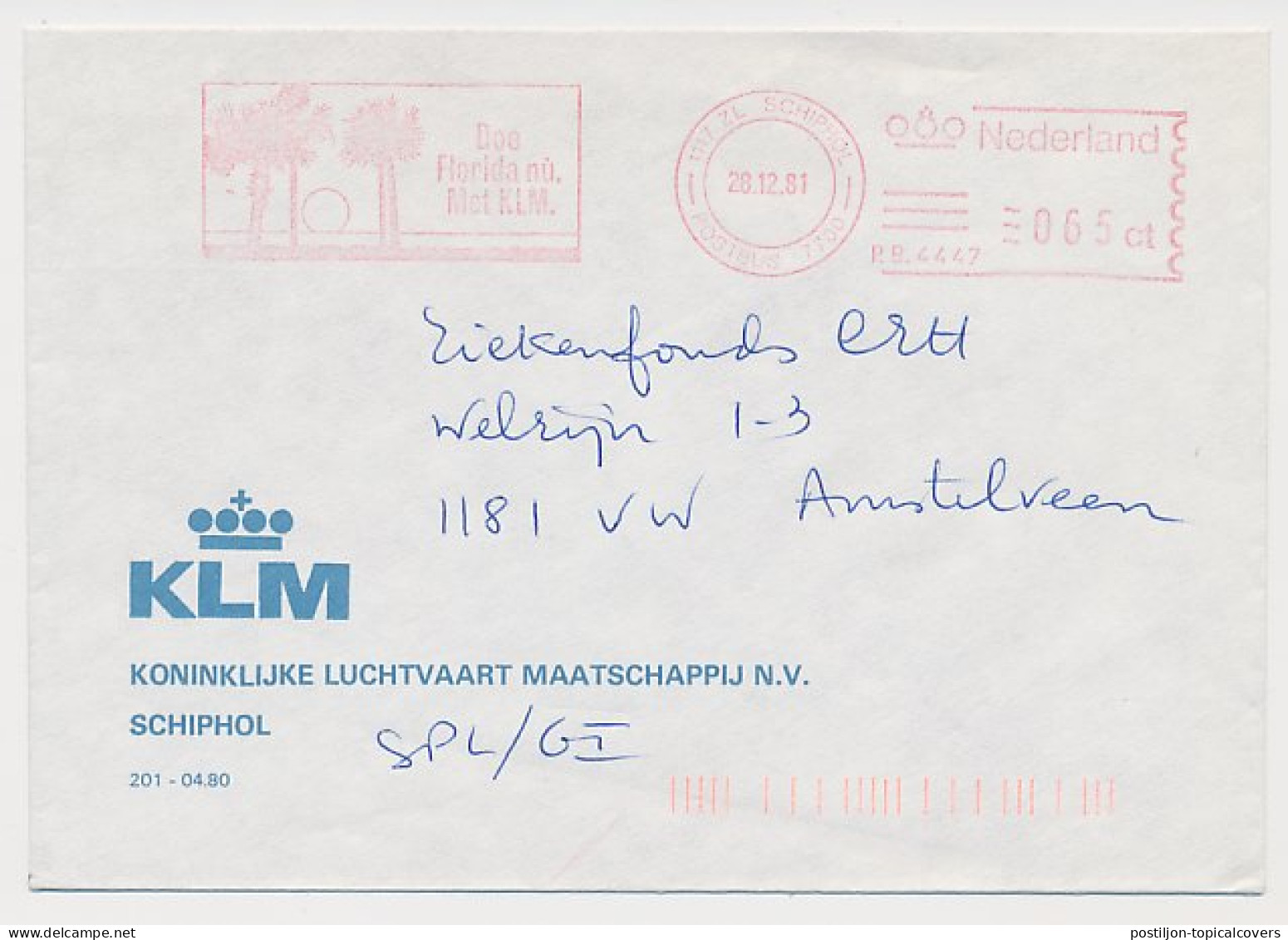 Meter Cover Netherlands 1981 KLM - Royal Dutch Airlines - Florida With KLM  - Airplanes