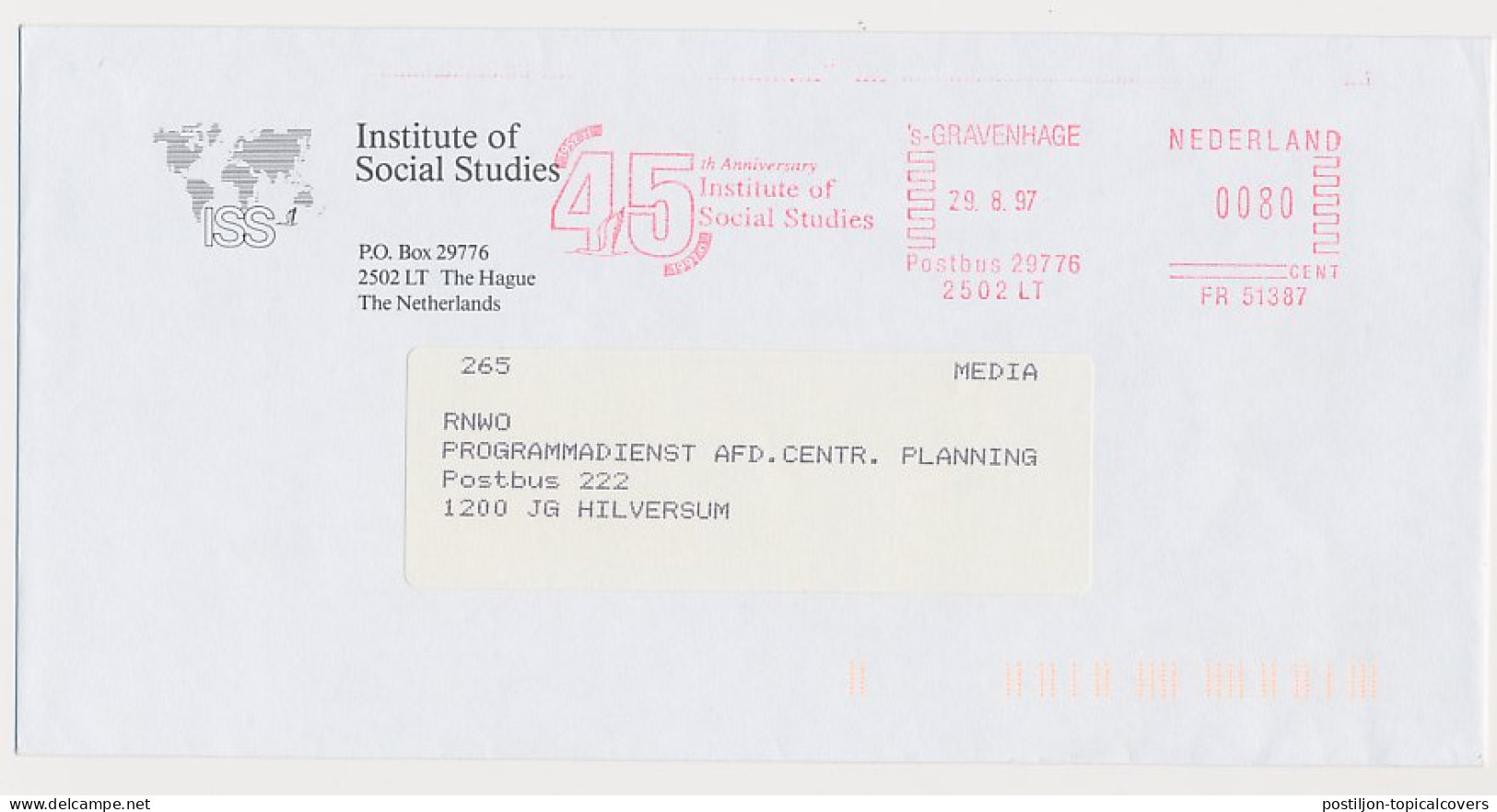 Meter Cover Netherlands 1997 ISS - 45 Th Anniversary Institute 0f Social Studies - Non Classificati