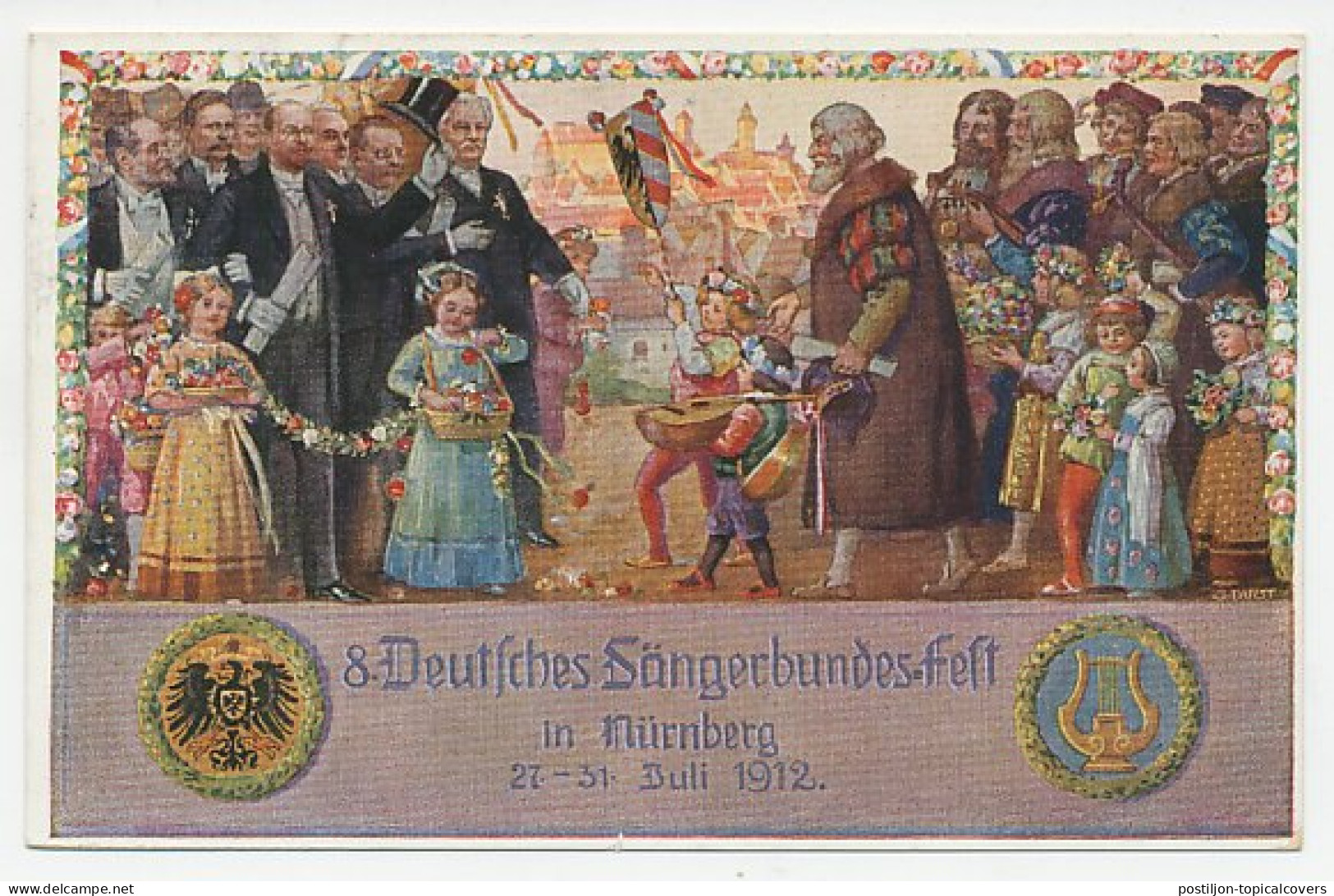 Postal Stationery Bayern 1912 Sangerbundesfest Nurnberg - Singing - Harp - Lute - Muziek
