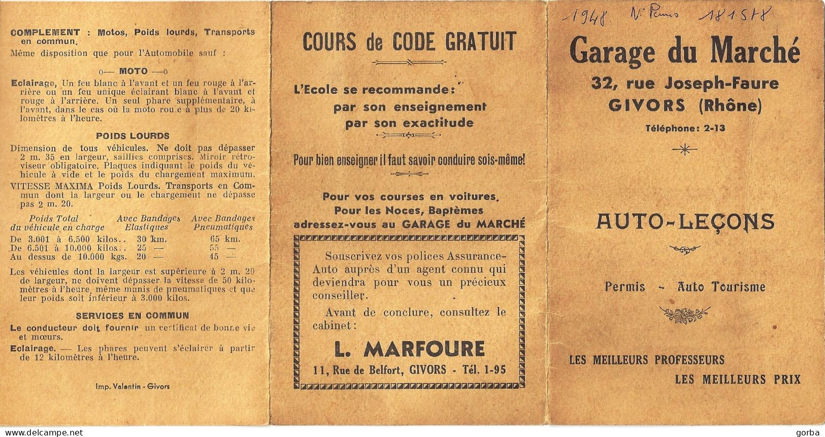 *Ancien Questionnaire (examen Blanc) Permis De Conduire - Auto-Leçons Garage Du Marché GIVORS (69) - Document Rare 1948 - Zonder Classificatie