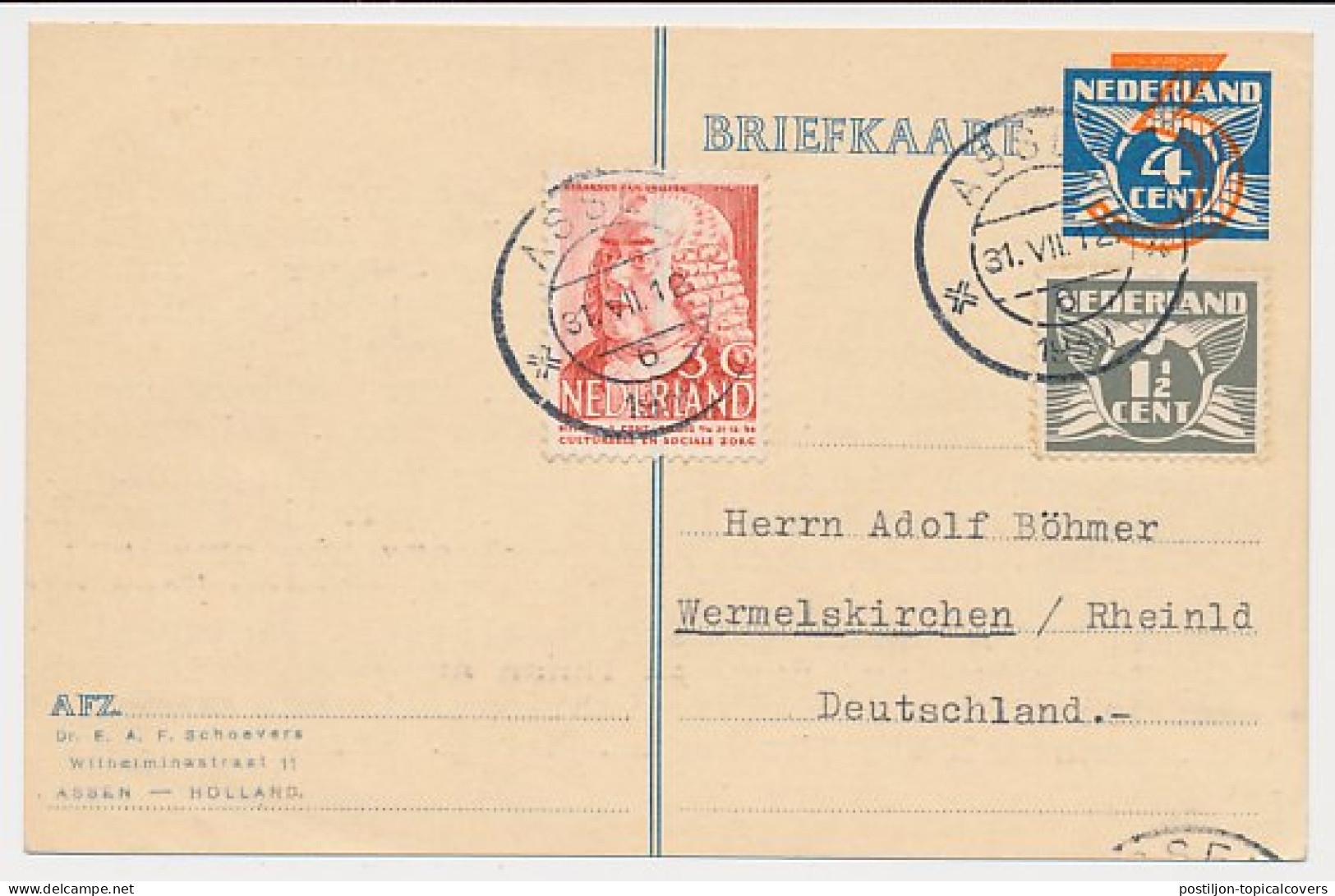 Briefkaart G. 258 / Bijfrankering Assen - Duitsland 1939 - Ganzsachen