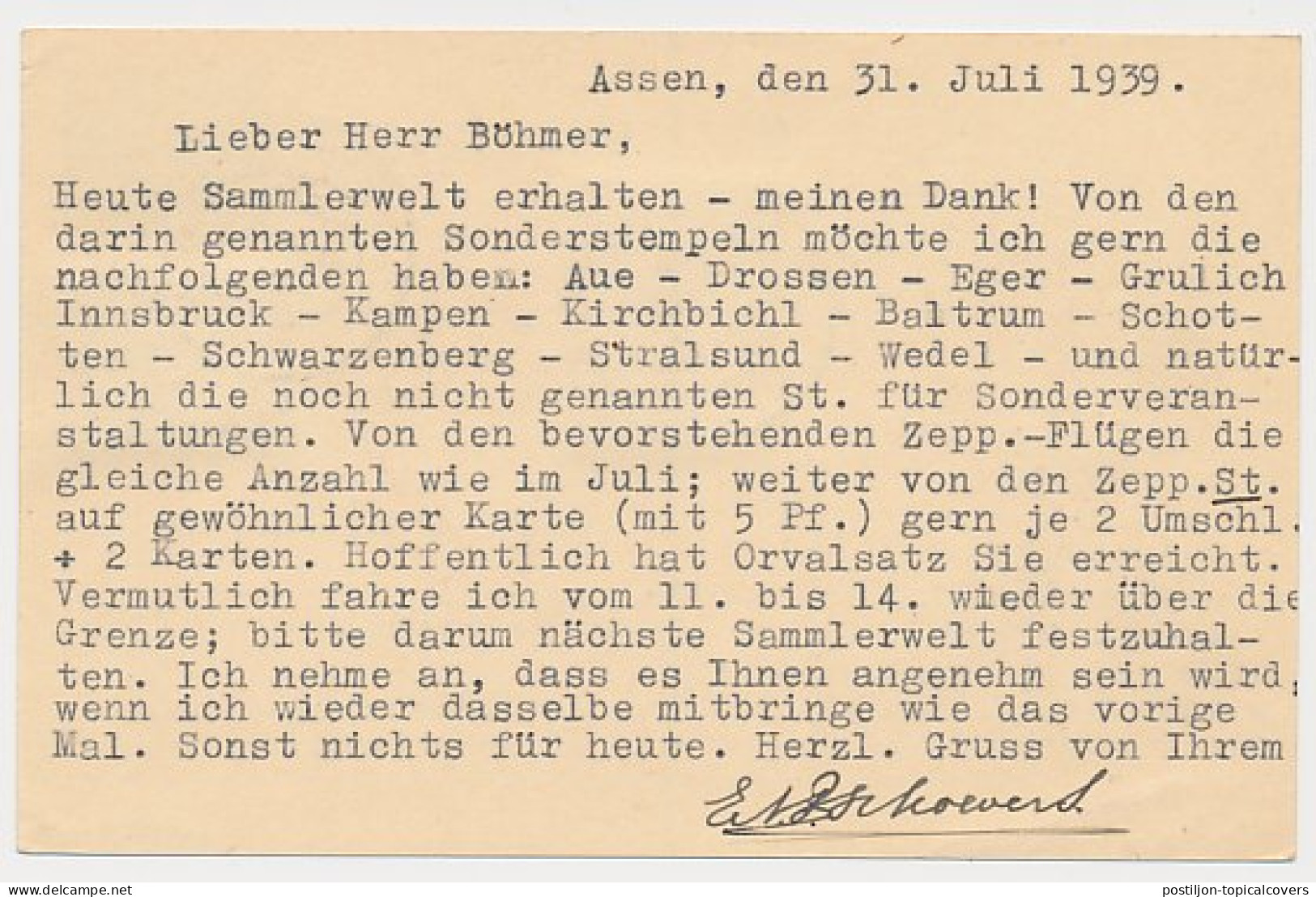 Briefkaart G. 258 / Bijfrankering Assen - Duitsland 1939 - Ganzsachen