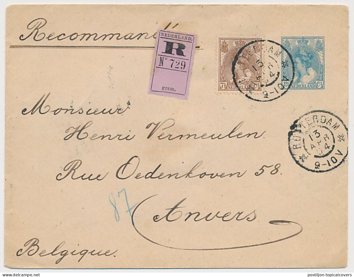 Envelop G. 9 / Bijfrankering Aangetekend Rotterdam - Belgie 1904 - Ganzsachen