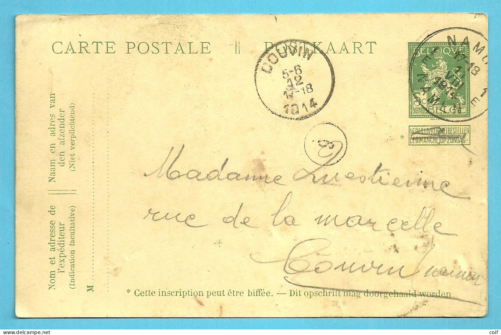 Entier Stempel NAMUR Op 11/08/1914 Naar COUVIN 12/09/1914 (Offensief W.O.I) - Zona No Ocupada