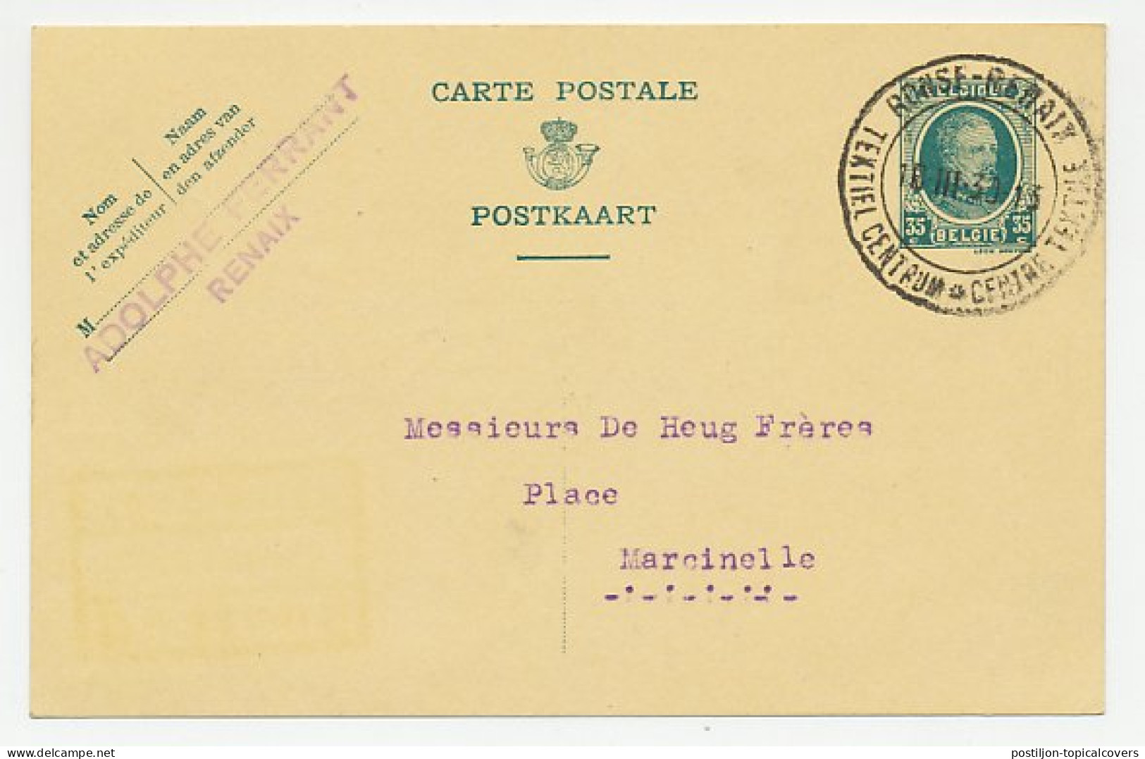 Postcard / Postmark Belgium 1930 Textile Center Ronse - Textil