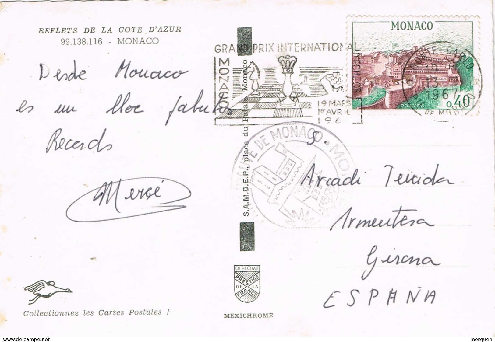 53977. Postal MONTECARLO (Monaco) 1967. Flamme Chess, Ajedrez, Grand Prix. Vistas Varias - Briefe U. Dokumente