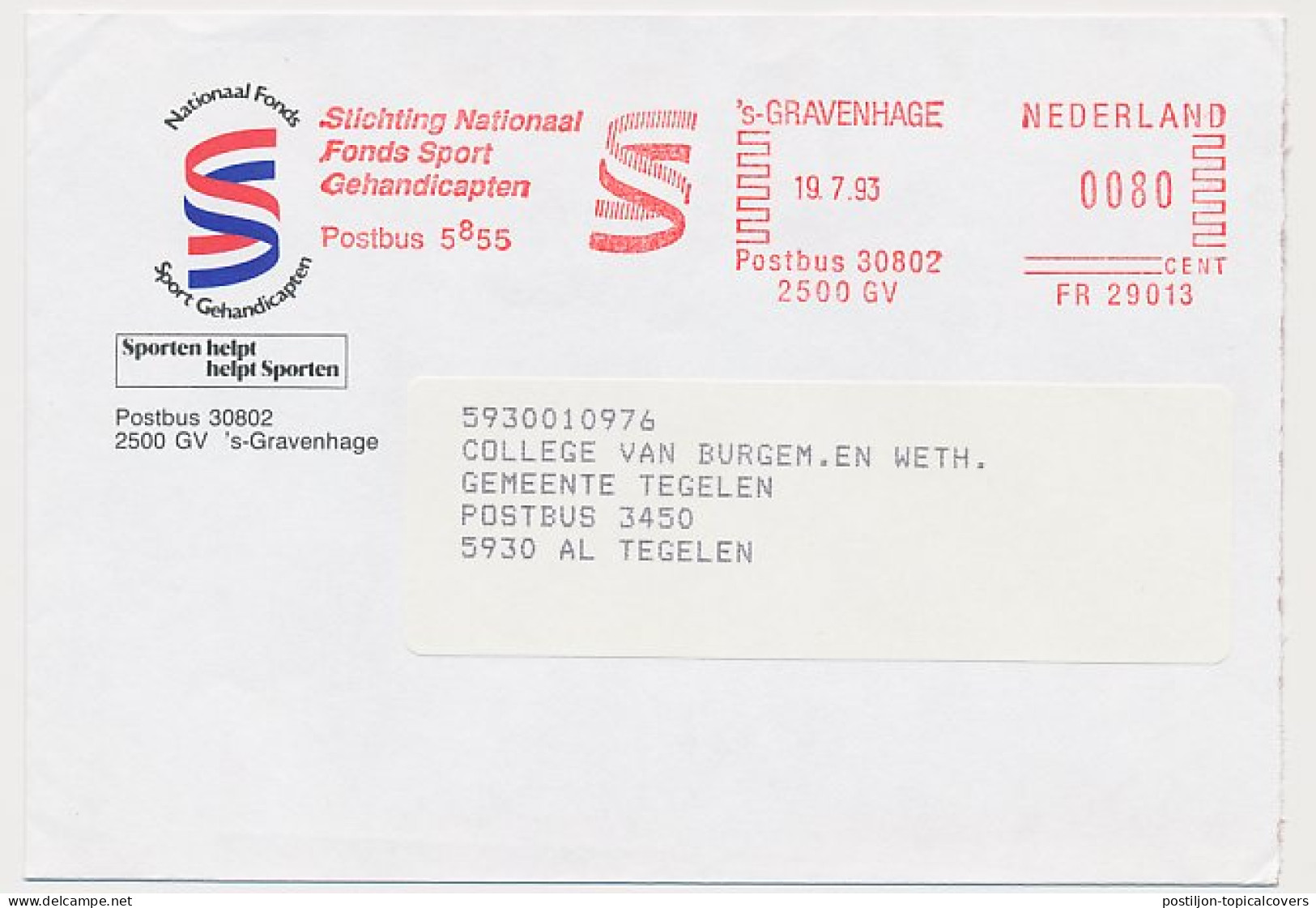 Meter Cover Netherlands 1993 National Sports Fund For The Disabled - Autres & Non Classés