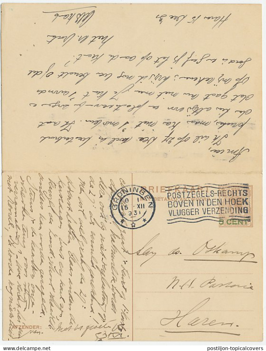 Briefkaart G. 221 Groningen - Haren 1931 V.v. - Ganzsachen