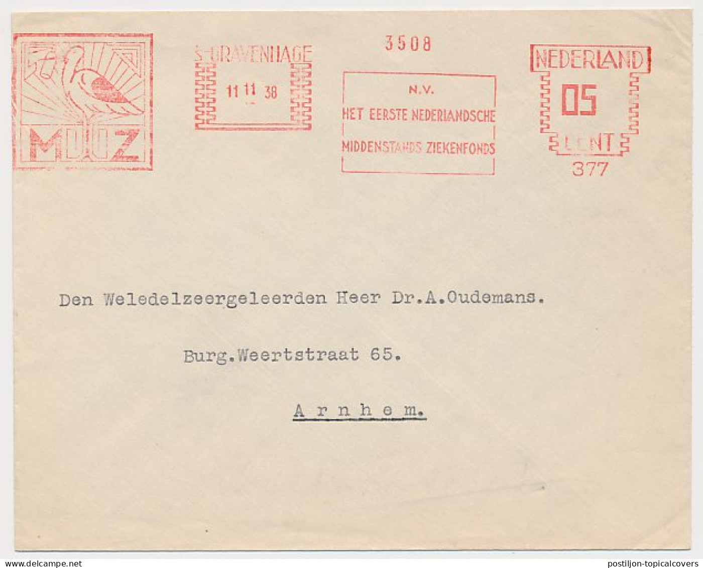 Meter Cover Netherlands 1938 Bird - Stork - Other & Unclassified