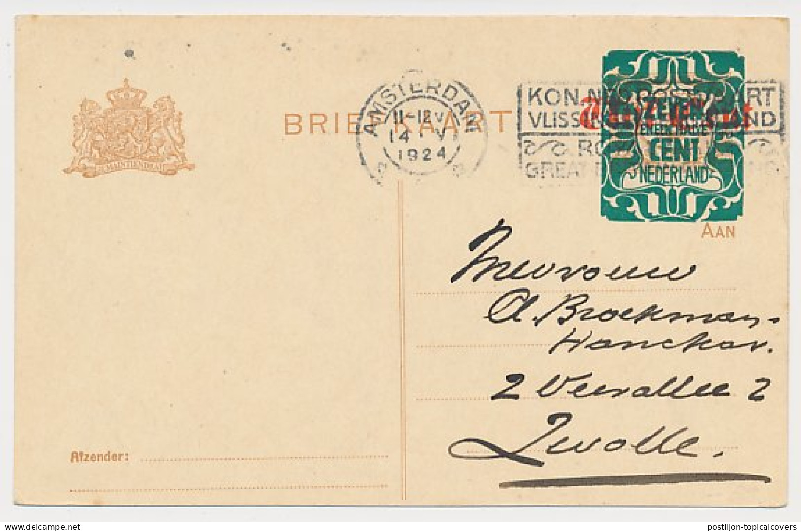 Briefkaart G. 176 A I Amsterdam - Zwolle 1924 - Ganzsachen