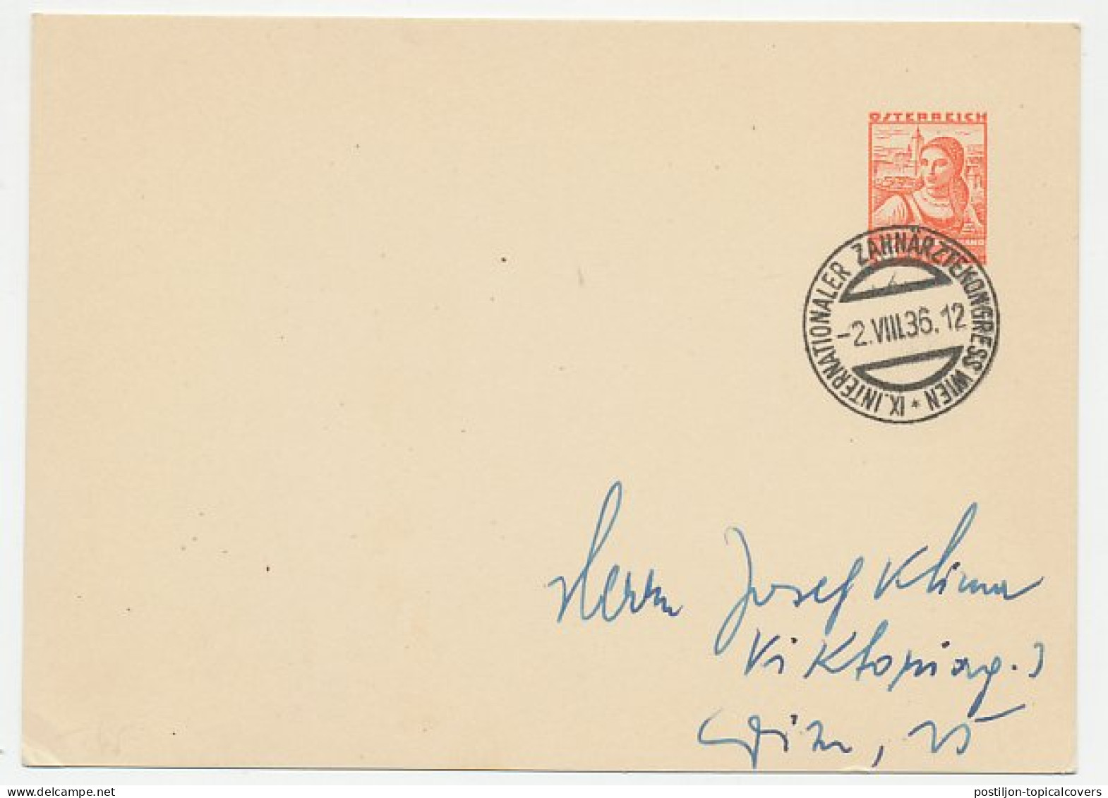 Card / Postmark Austria 1936 International Congress Of Dentists Vienna  - Geneeskunde