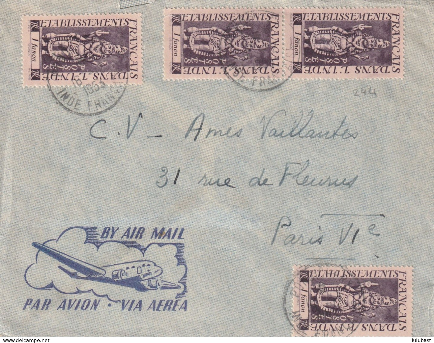 Lettre "Par Avion" De PONDICHERY - Superbe Afft Avec N° 244x4 Dont Paire. - Lettres & Documents