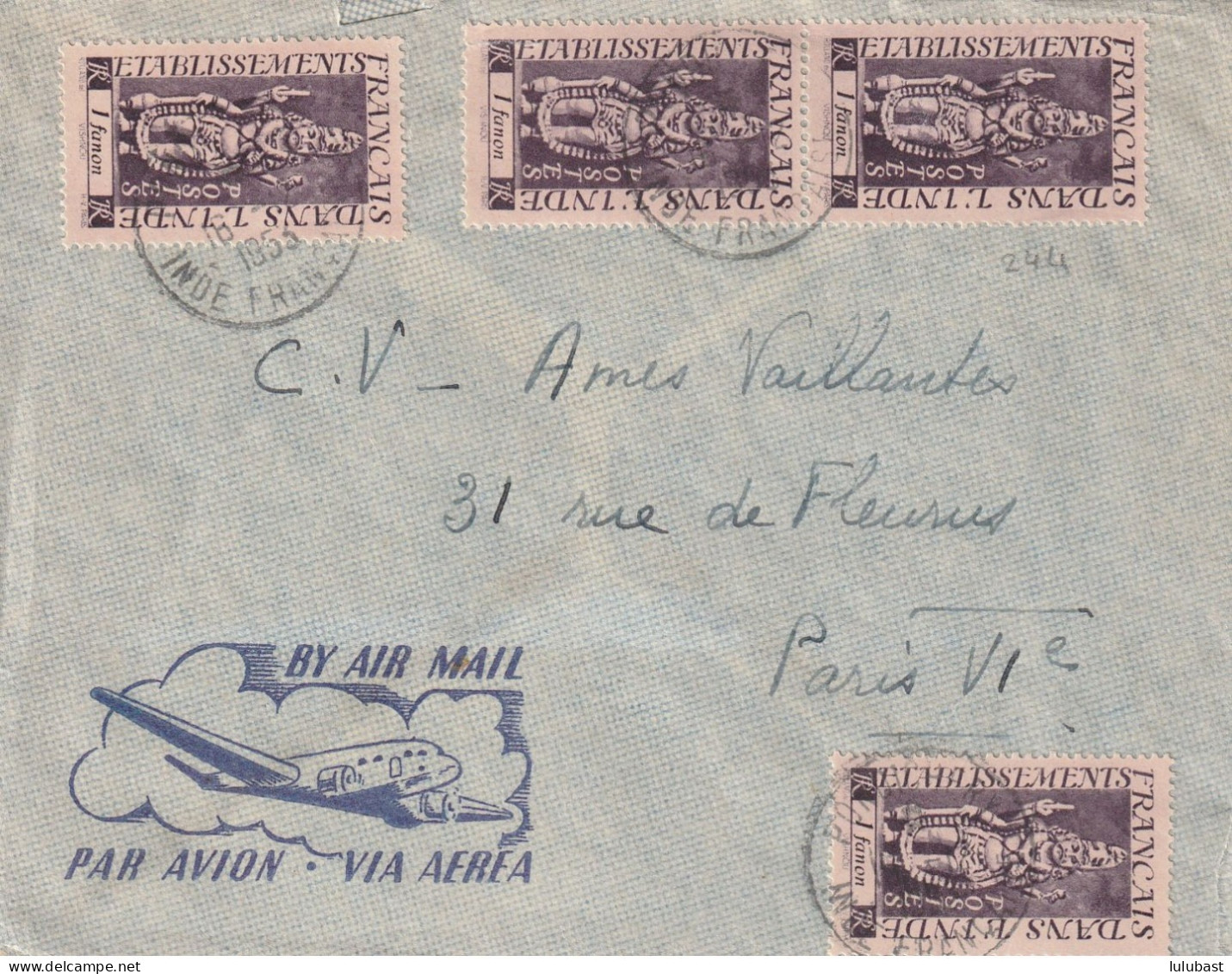 Lettre "Par Avion" De PONDICHERY - Superbe Afft Avec N° 244x4 Dont Paire. - Storia Postale