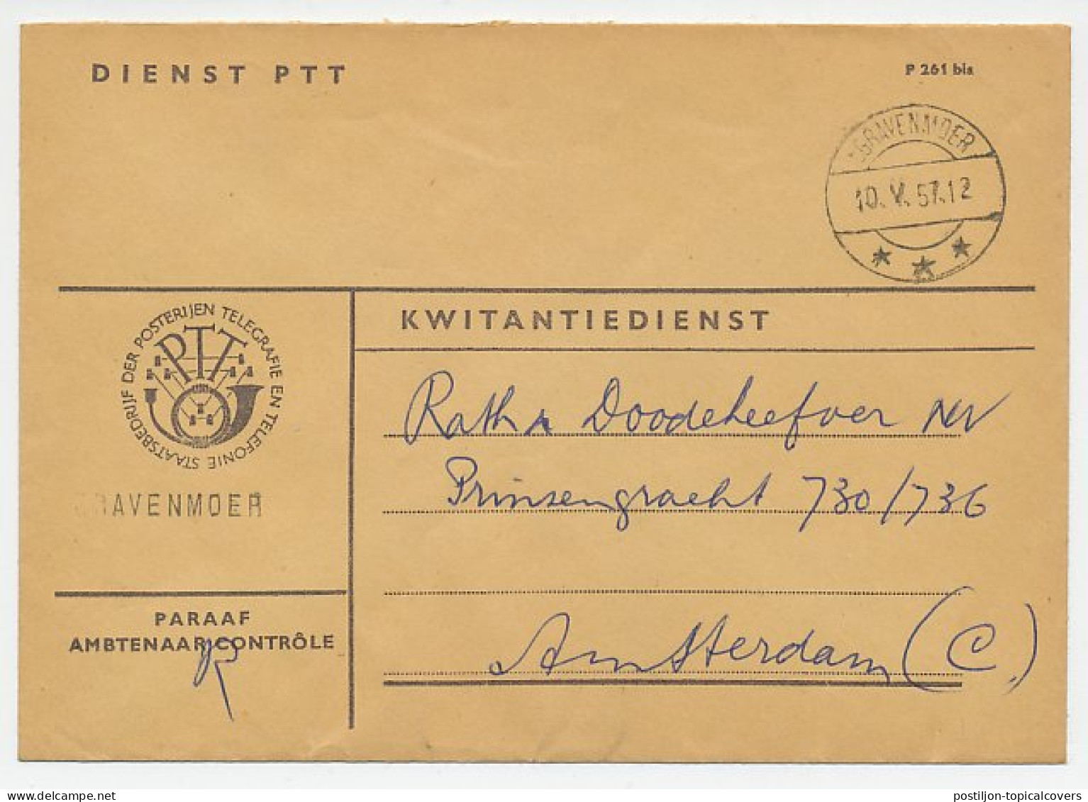 Dienst PTT S Gravenmoer - Amsterdam 1957 - Kwitantiedienst - Ohne Zuordnung