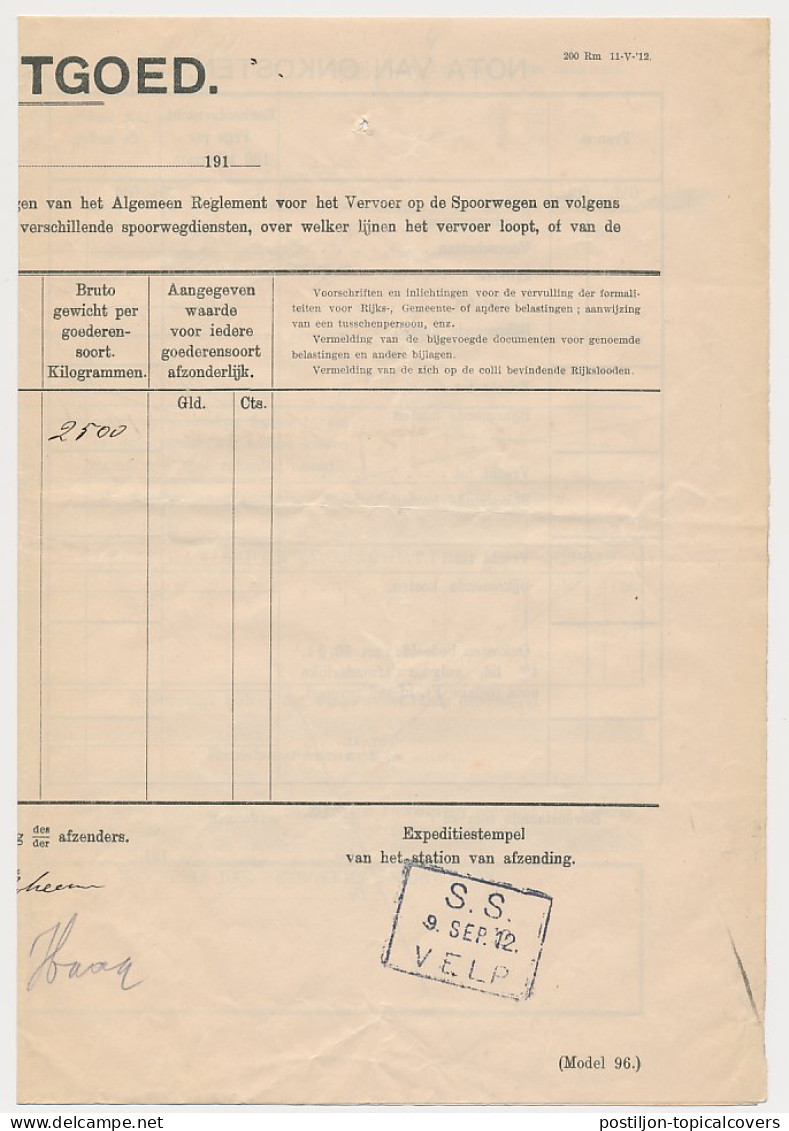 Vrachtbrief Staats Spoorwegen Velp - Den Haag 1912 - Ohne Zuordnung