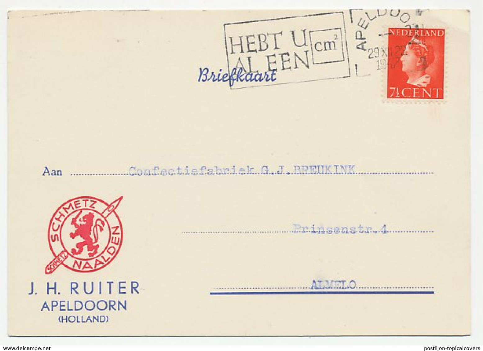 Firma Briefkaart Apeldoorn 1947 - Naalden - Ohne Zuordnung