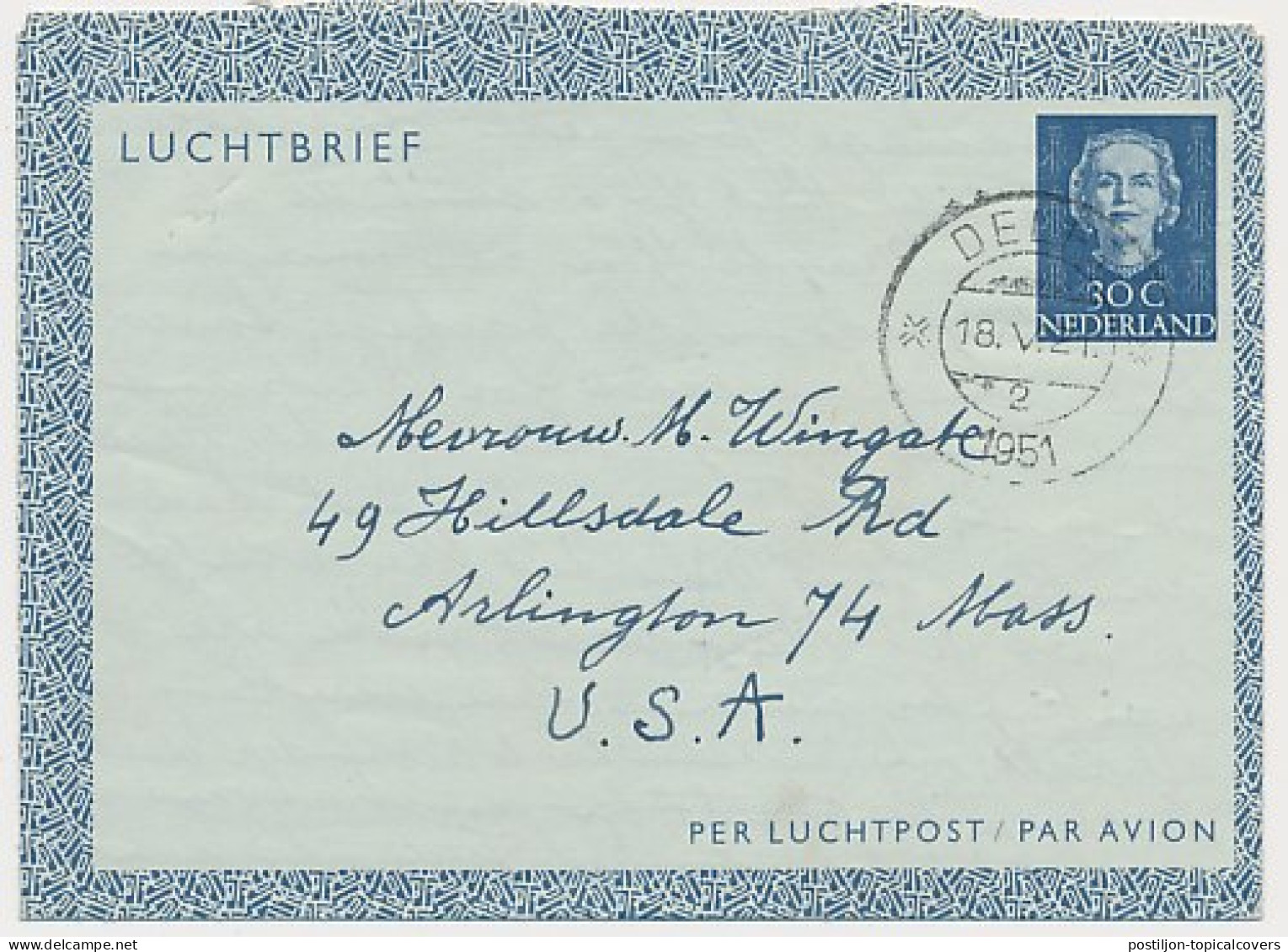 Luchtpostblad G. 3 Delft - Arlington USA 1951 - Ganzsachen