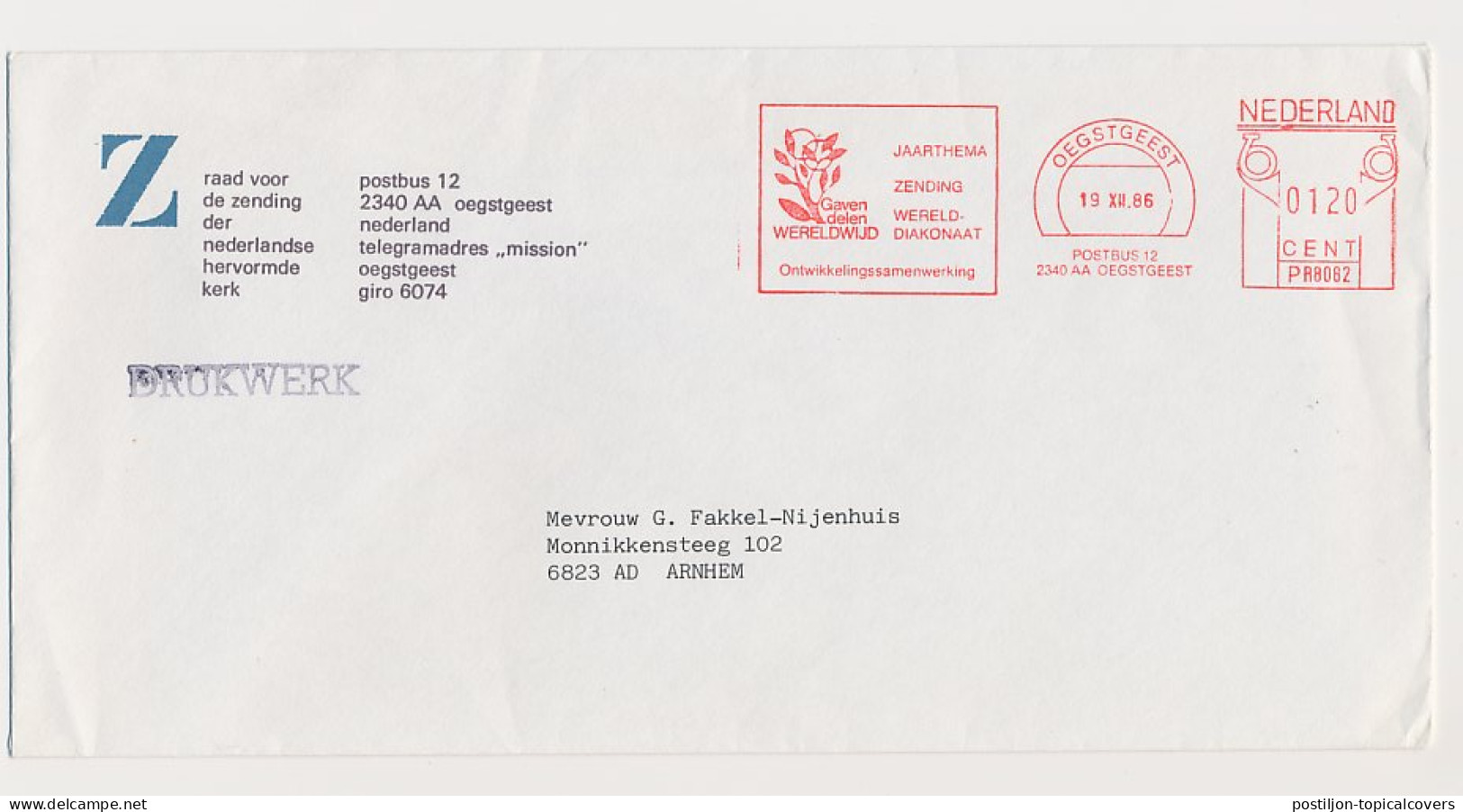 Meter Cover Netherlands 1986 World Diaconate - Share Gifts Worldwide - Oegstgeest - Other & Unclassified
