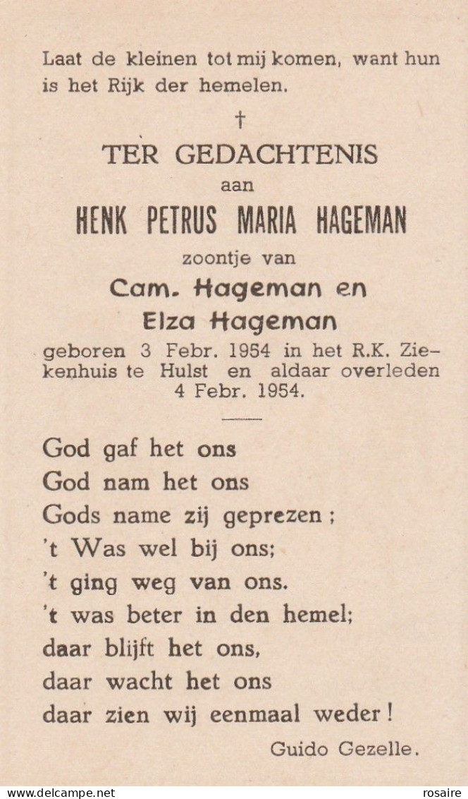 Prentje Kindje Hageman-hulst 1954 - Devotieprenten