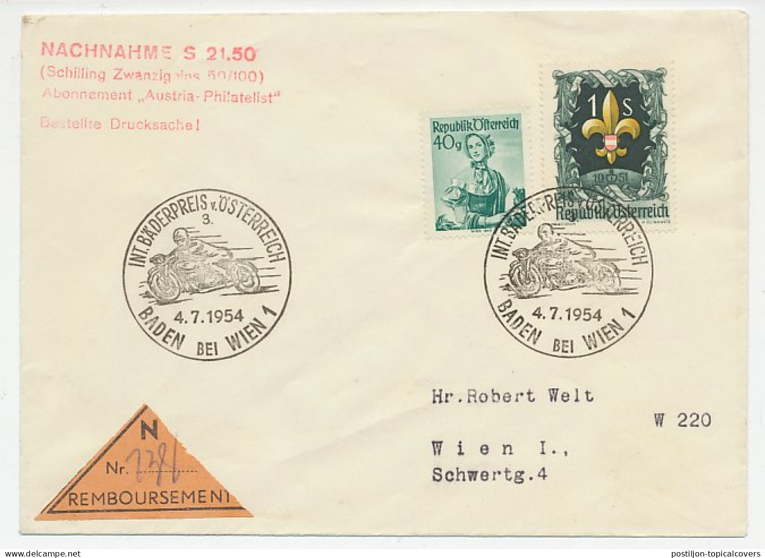 Remboursement Cover / Postmark Austria 1954 Motor Race Baden - Motorbikes