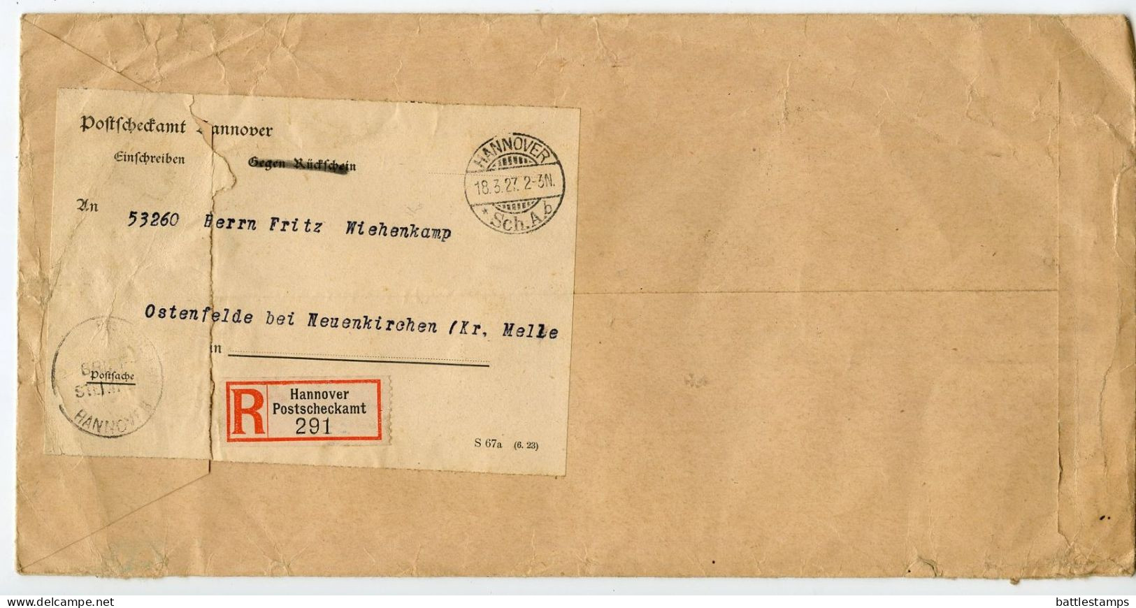 Germany 1927 Registered Postscheckamt Cover; Hannover To Ostenfelde Bei Neuenkirchen - Covers & Documents
