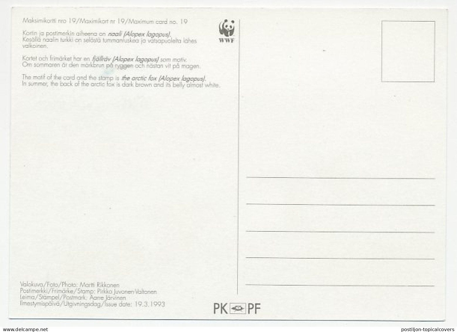 Maximum Card Finland 1993 Arctic Fox - WWF - Autres & Non Classés