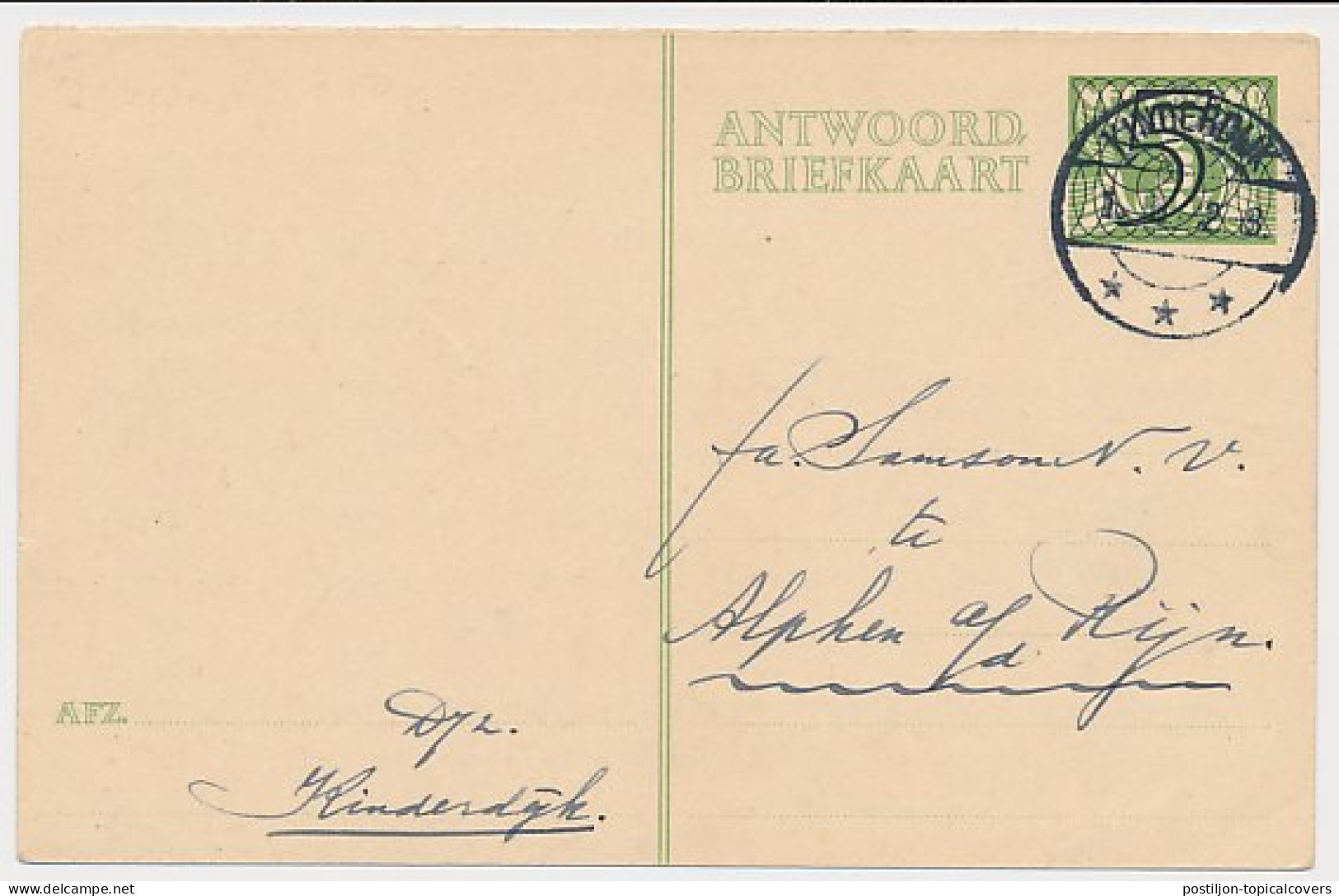 Briefkaart G. 265 A-krt. Kinderdijk - Alphen A.d. Rijn 1942 - Ganzsachen
