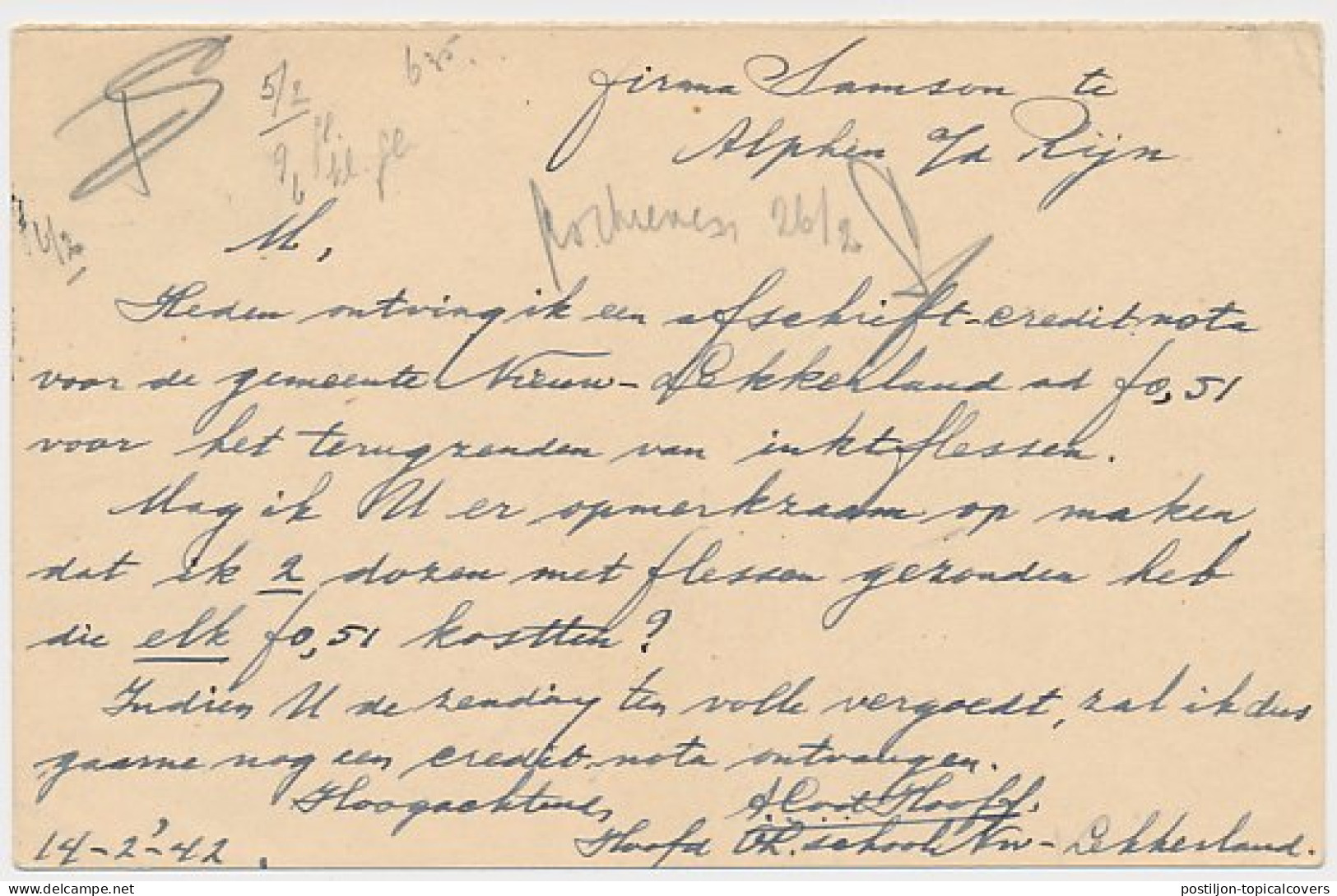 Briefkaart G. 265 A-krt. Kinderdijk - Alphen A.d. Rijn 1942 - Postal Stationery