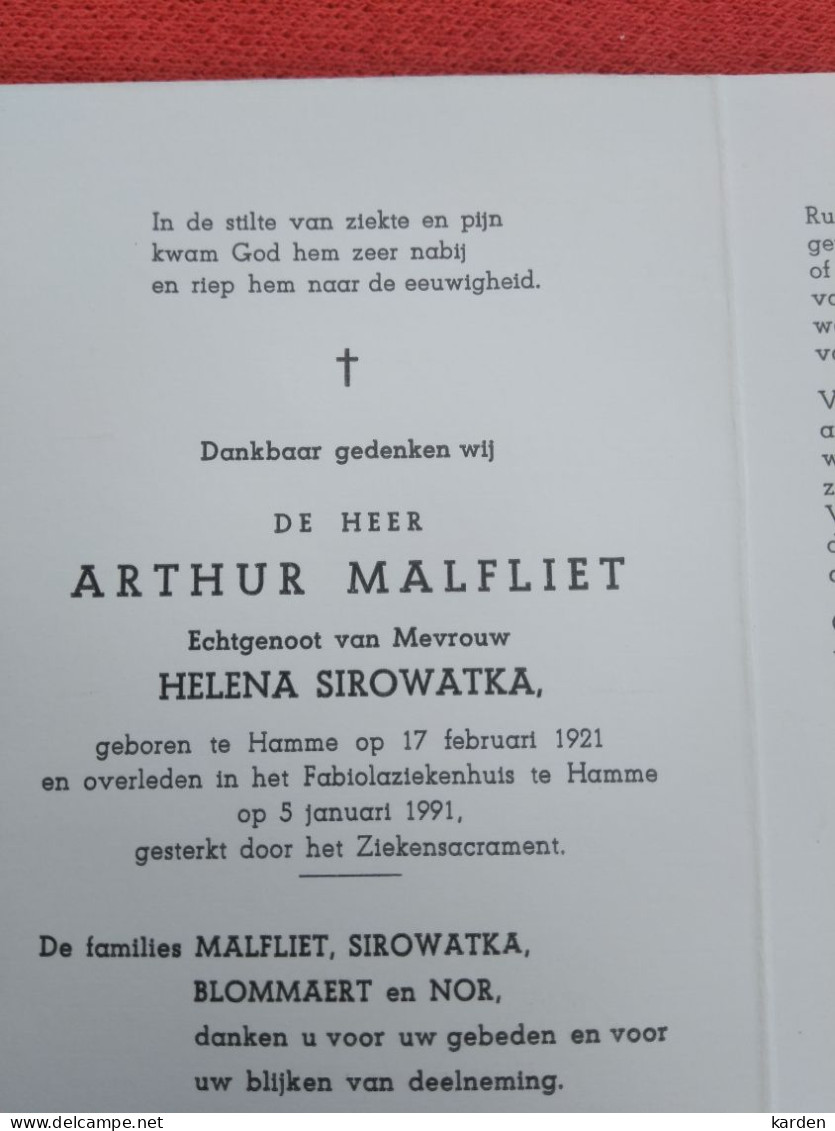 Doodsprentje Arthur Malfliet / Hamme 17/2/1921 - 5/1/1991 ( Helena Sirowatka ) - Religione & Esoterismo