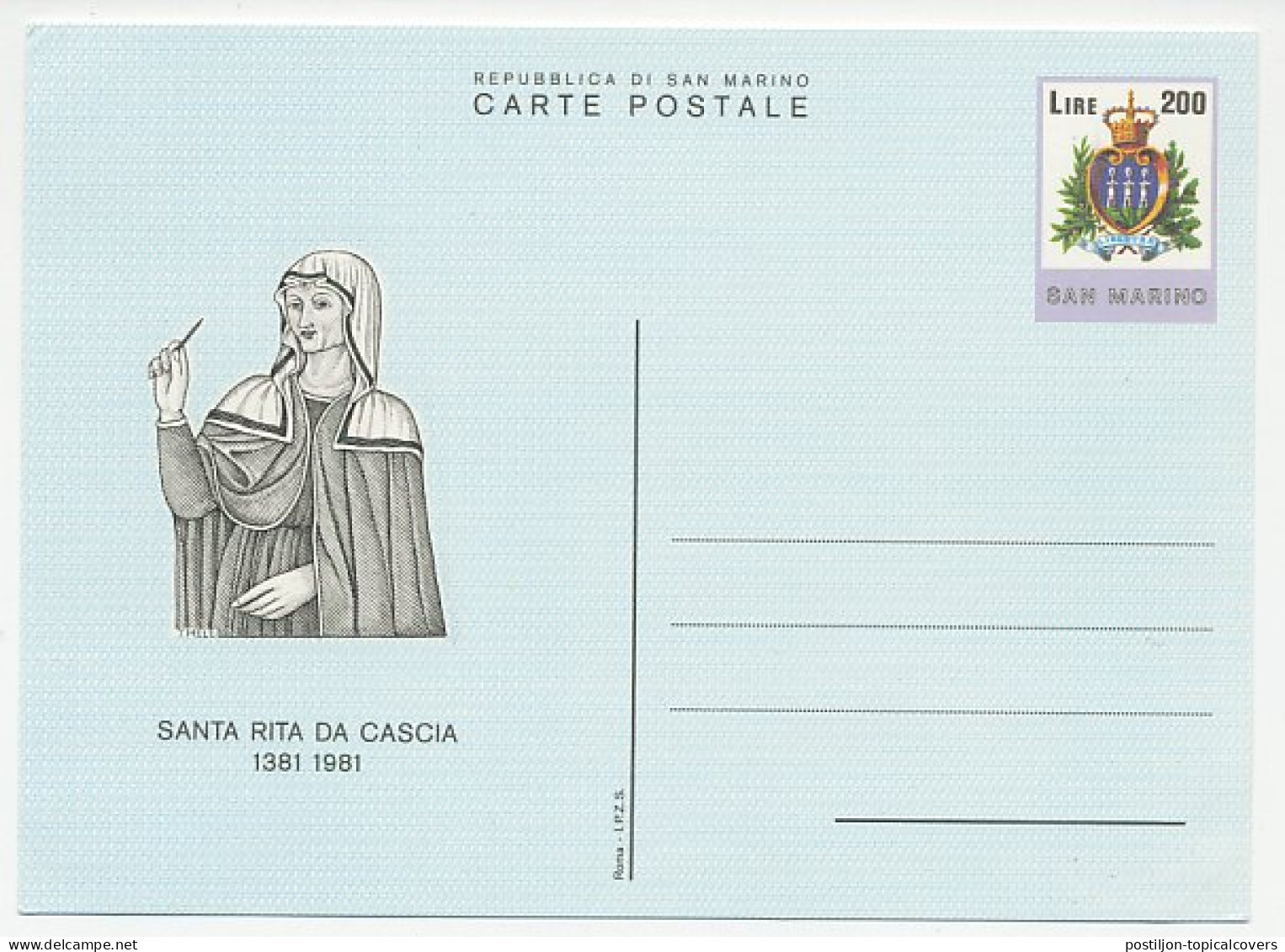 Postal Stationery San Marino 1981 Santa Rita Da Cascia - Andere & Zonder Classificatie