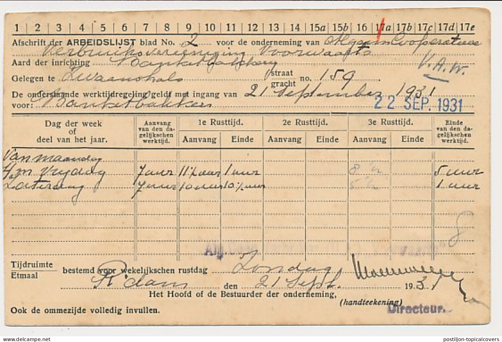 Arbeidslijst G. 15 A Locaal Te Rotterdam 1931 - Ganzsachen