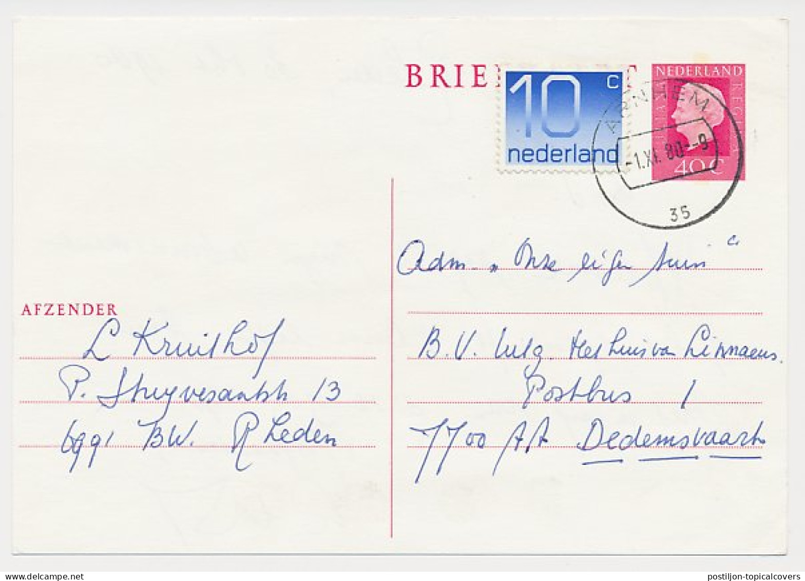 Briefkaart G. 356 / Bijfrankering Arnhem - Dedemsvaart 1980 - Ganzsachen