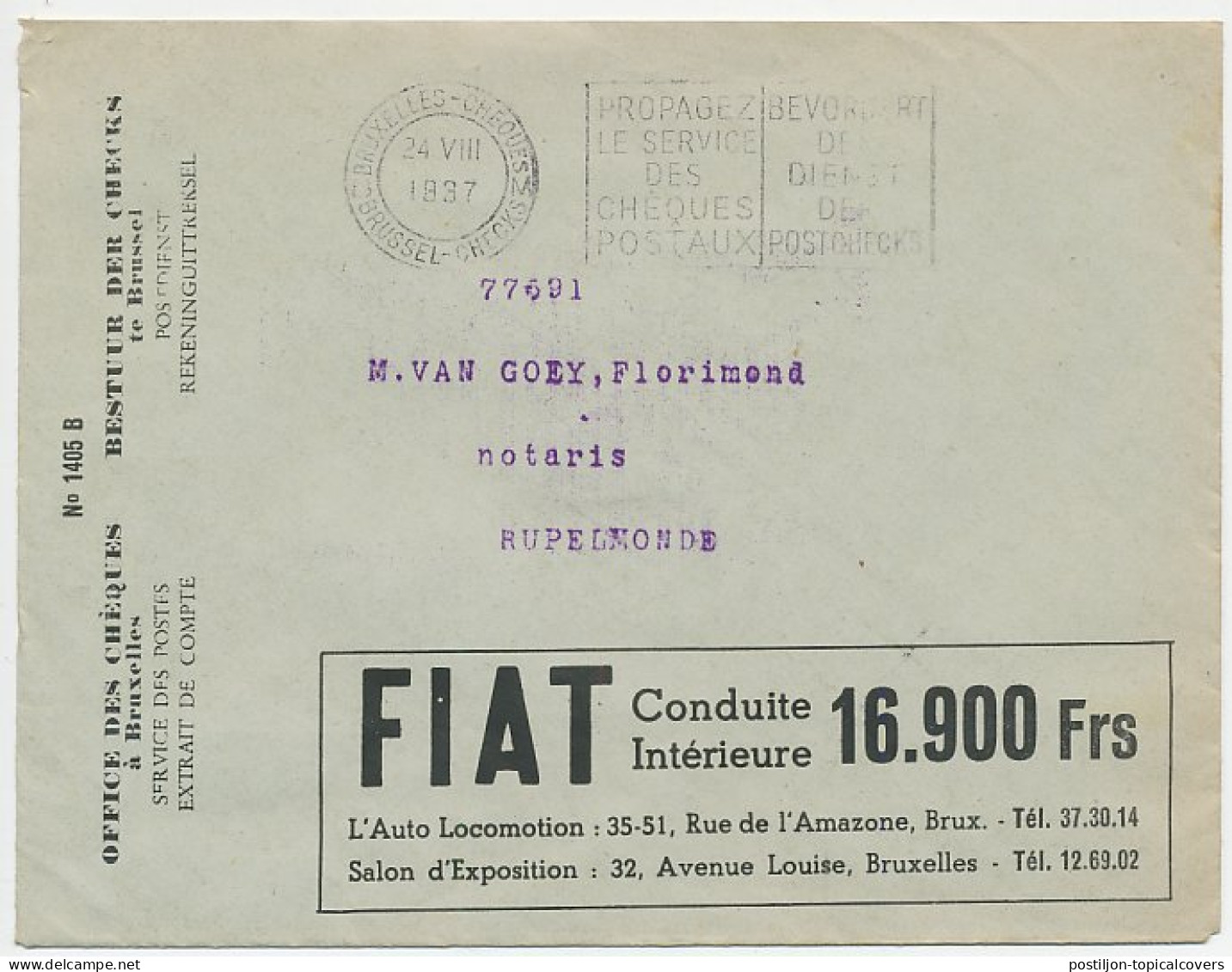 Postal Cheque Cover Belgium 1937 Car - Fiat - Autos