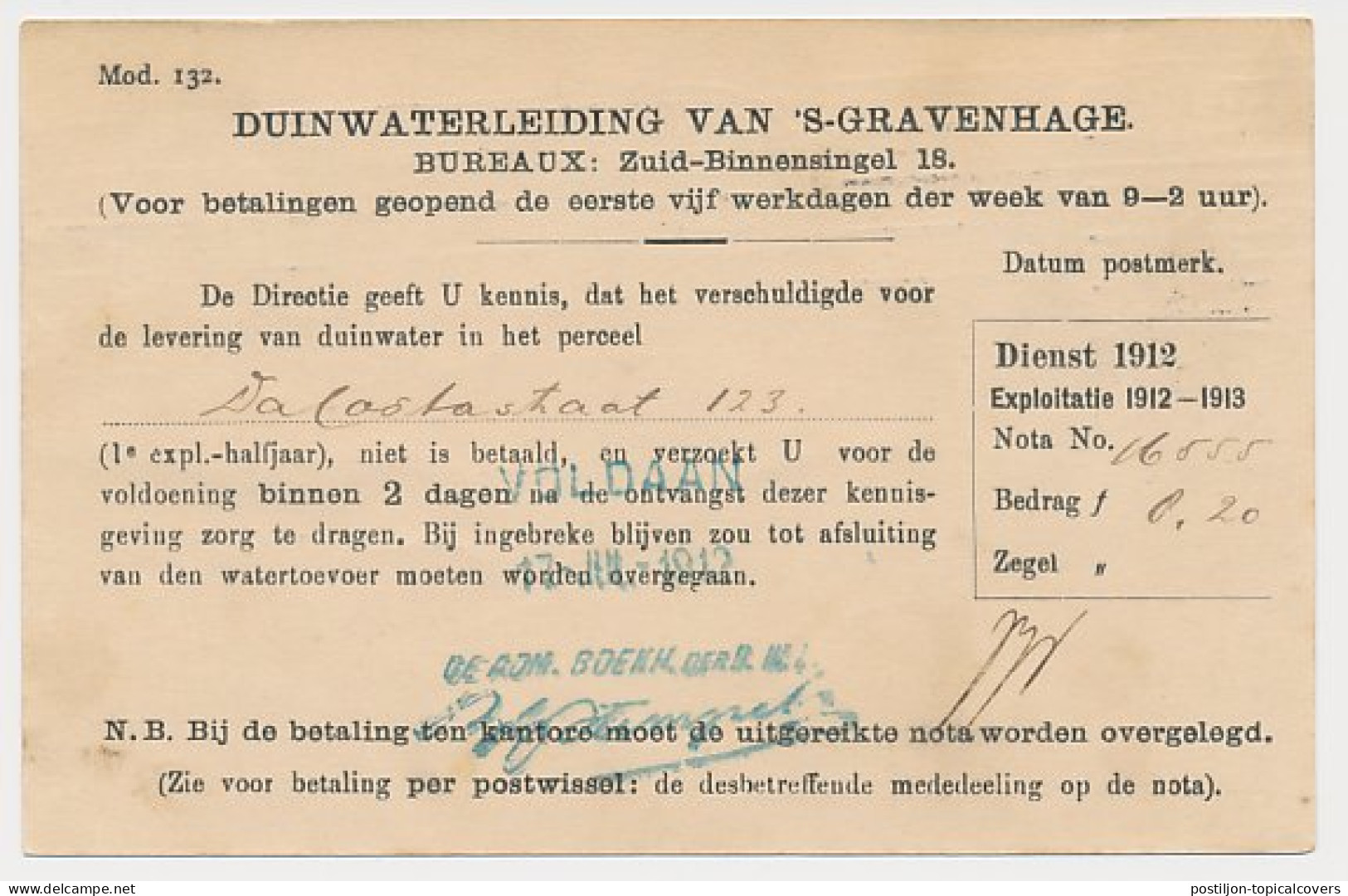 Briefkaart G. DW78-I-e - Duinwaterleiding S-Gravenhage 1912 - Ganzsachen