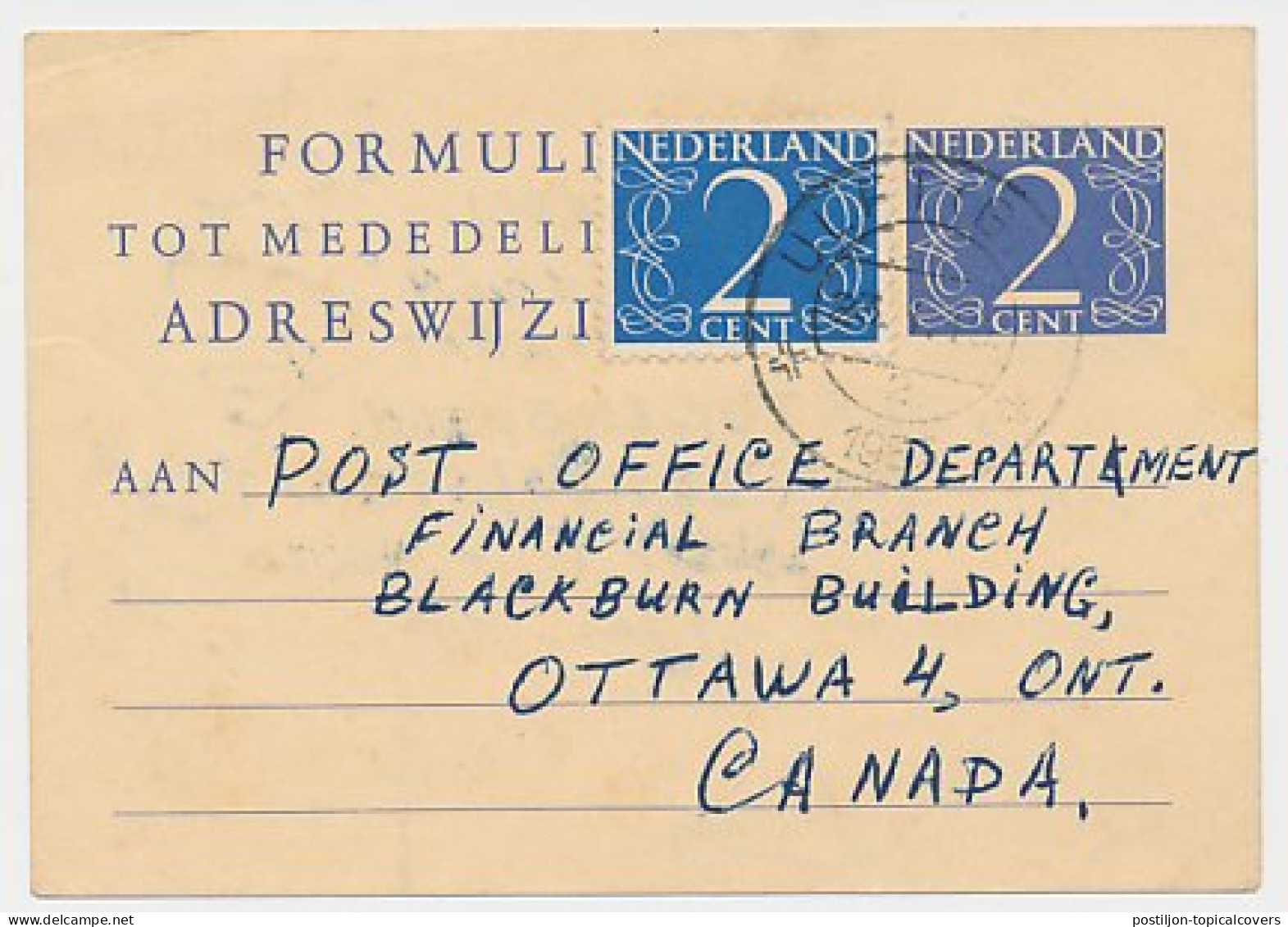 Verhuiskaart G. 22 Ulft - Canada 1953 - Buitenland - Ganzsachen