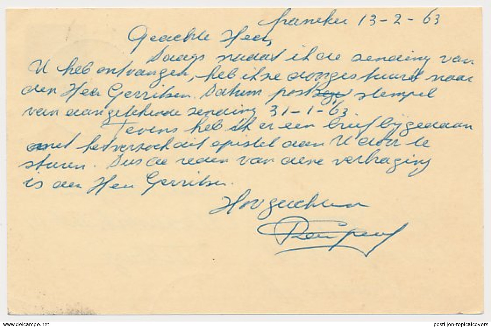 Briefkaart G. 325 Franeker - Tilburg 1963 - Postal Stationery